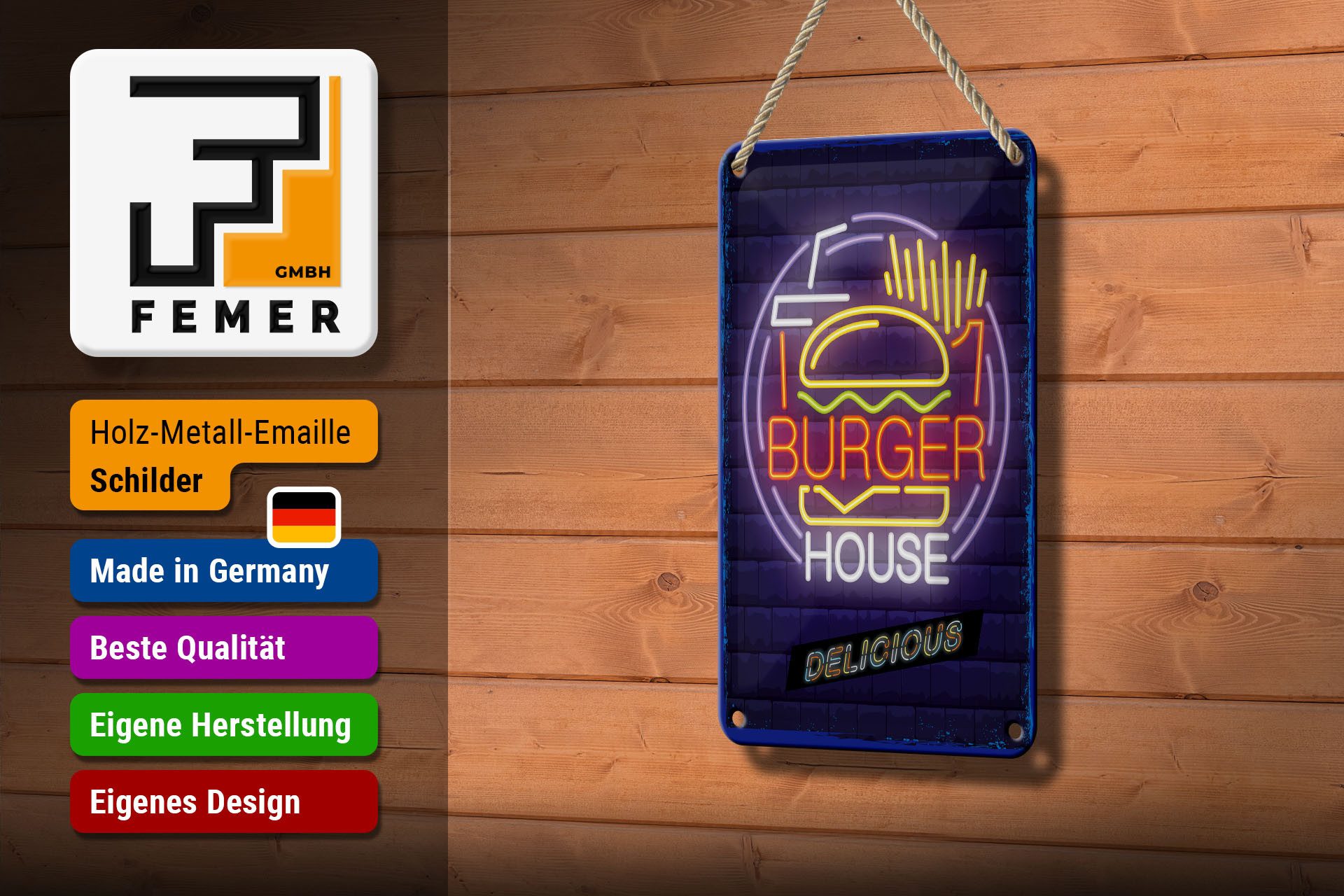 Femer GmbH Metallschild Hinweis 12x18 cm Burger House Delicious Deko Reklame, (1 St), gewölbte Oberfläche, abgerundete Ecken, umgeschlagene Kanten