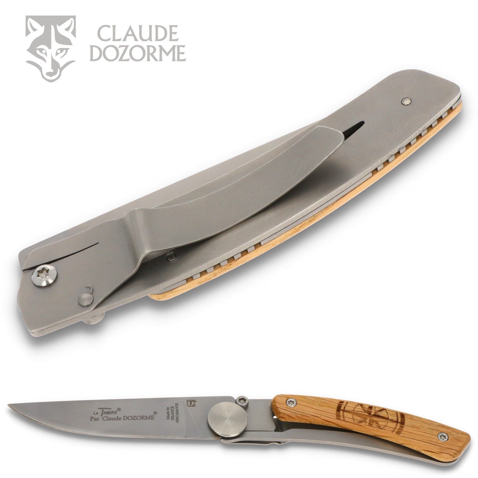 Claude Dozorme Taschenmesser 1.90.142.46BO, Le Thiers "Kompass" - Griff 10cm Eiche - LinerLock - Clip - Stahl matt