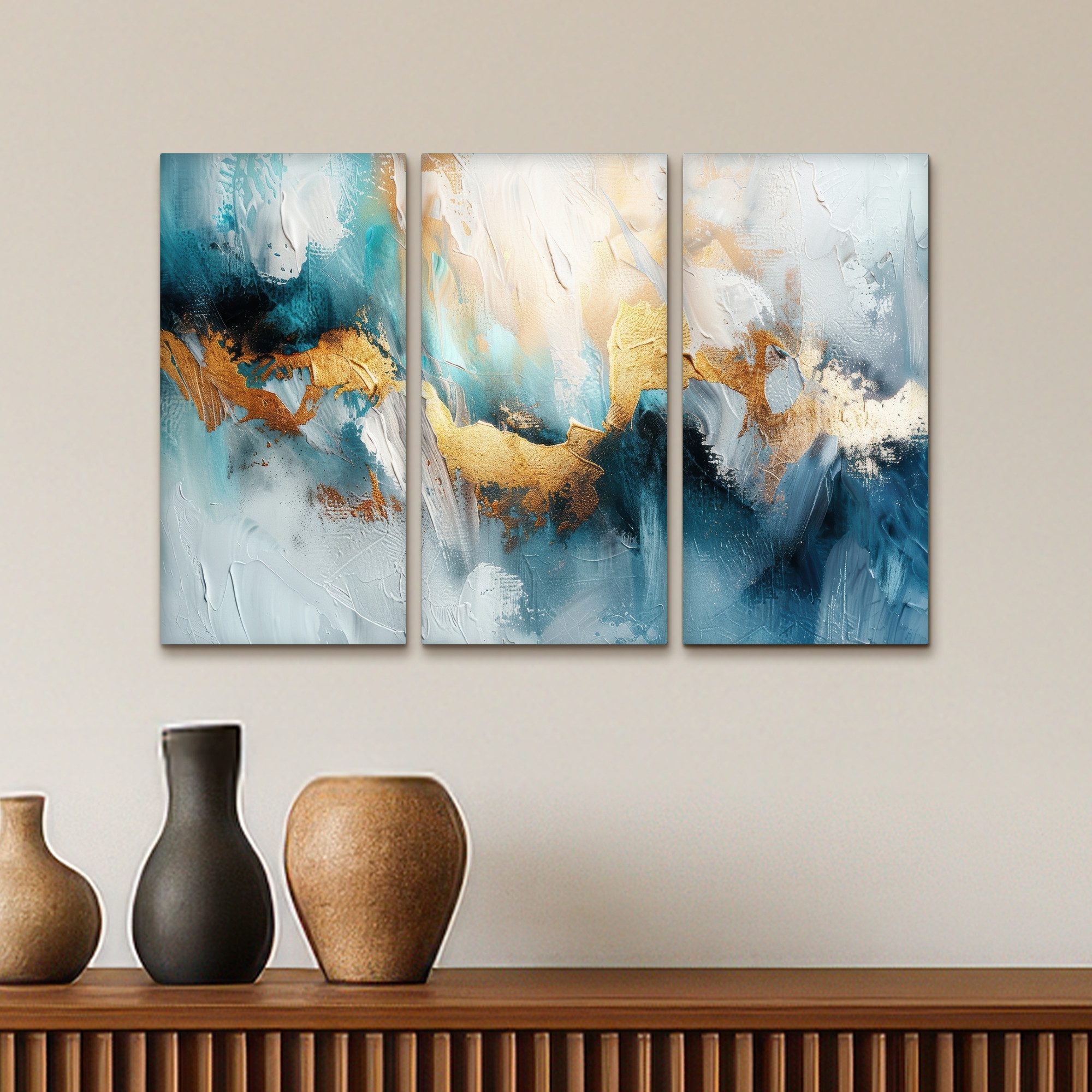 MuchoWow Leinwandbild Blau - Abstrakt - Weiß - Gold - Farbe, Fotodruck (3 St), Wand Bilder 3 Set, Deko Schlafzimmer Wohnzimmer Flur 60x40 cm – Bild 5 von 5