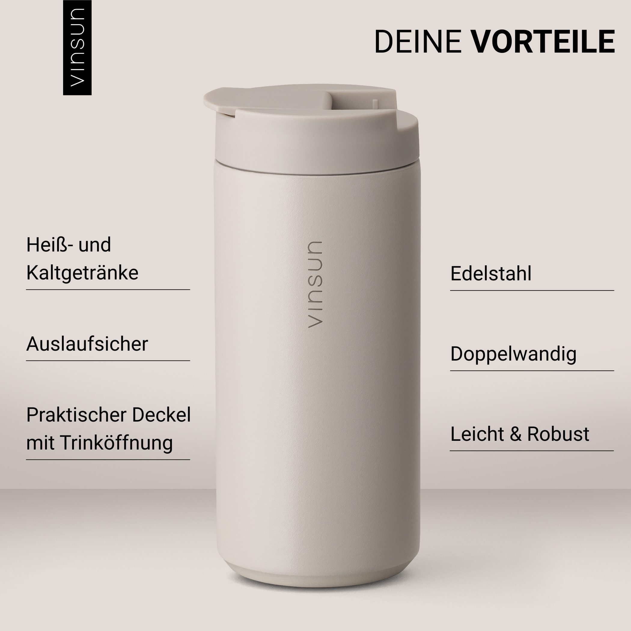 Vinsun Thermobecher Edelstahl Isolierbecher 350ml - Kaffeebecher doppelwandig isoliert, 2-tlg., Edelstahl, BPA frei, auslaufsicher, bruchfest, Kalt- und Heißgetränke