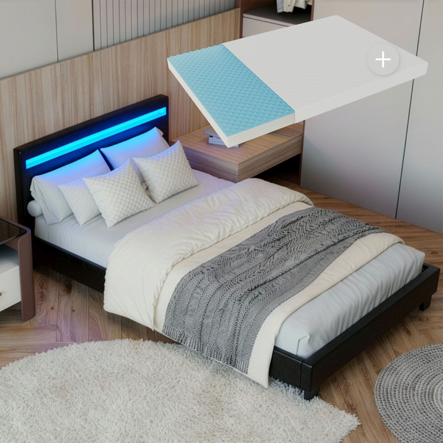 Juskys Polsterbett Paris, 90x200 cm, LED-Licht, weiches Kopfteil, inkl. Kaltschaummatratze