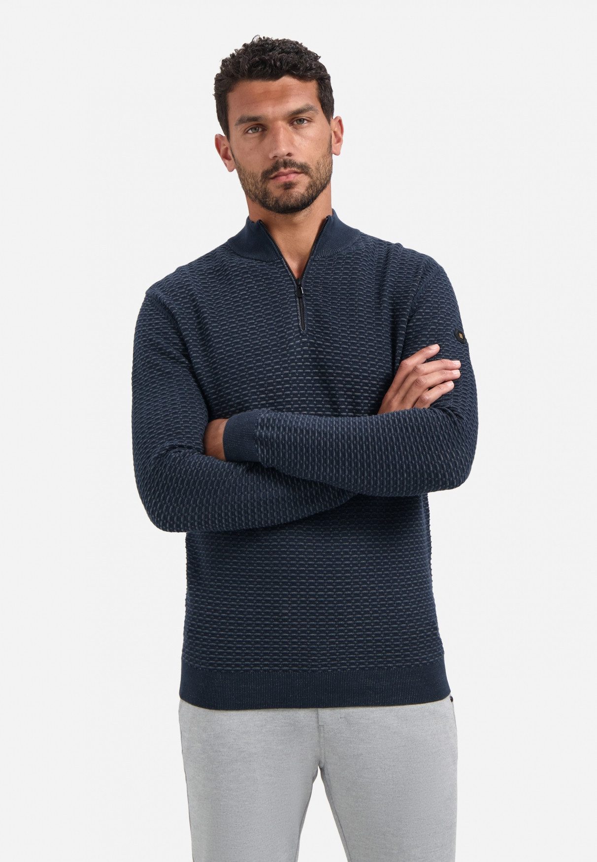 NO EXCESS Stehkragenpullover No Excess Waffelstrickpullover mit Half-Zip