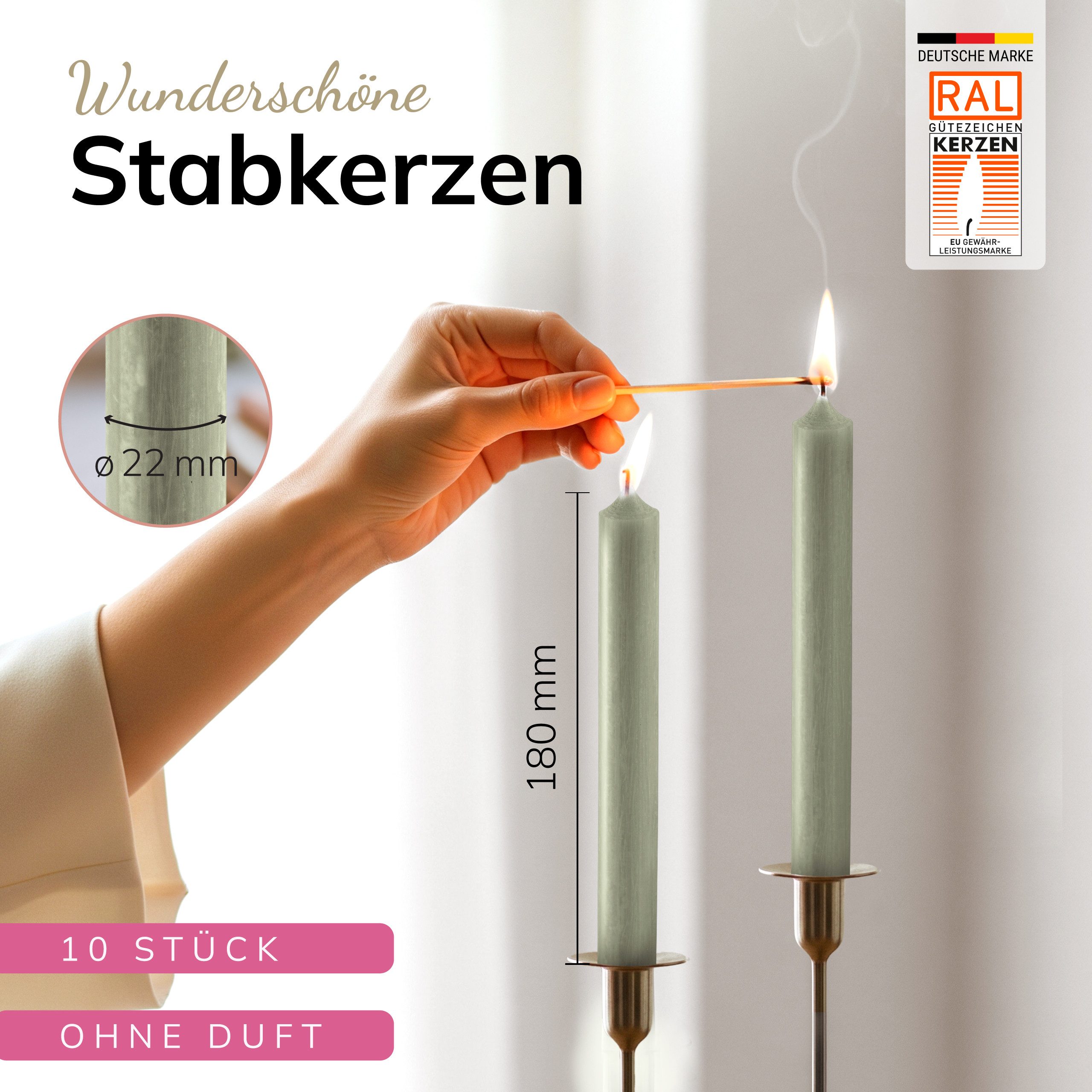 Hahn Kerzenfarm Spitzkerze Stabkerzen 10 cm durchgefärbt Made in Germany salbei grün
