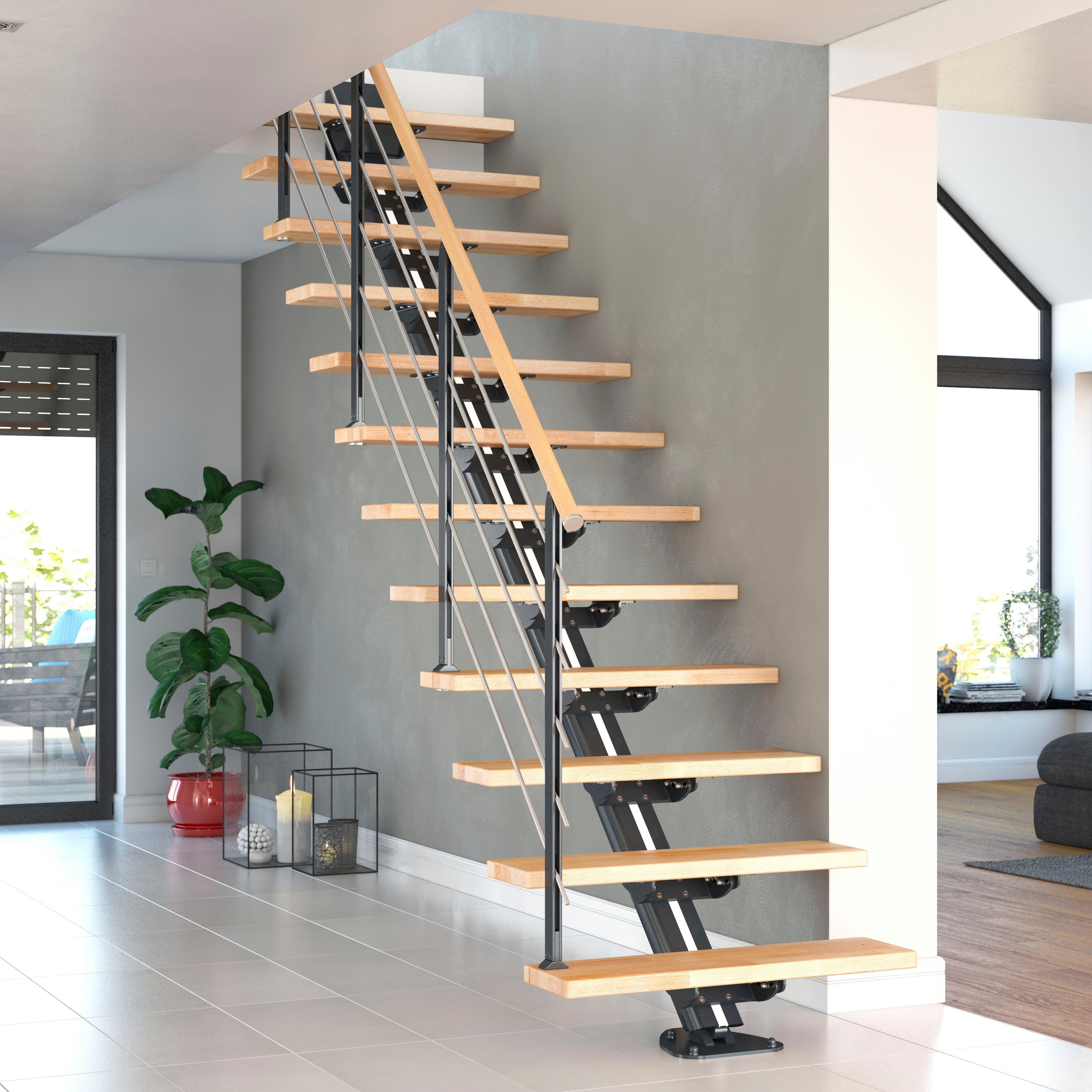 Dolle Mittelholmtreppe Sydney, für Geschosshöhen bis 292 cm, Stufen offen, Holzkomponenten geölt, Unterkonstruktion und Pfosten pulverbeschichtet