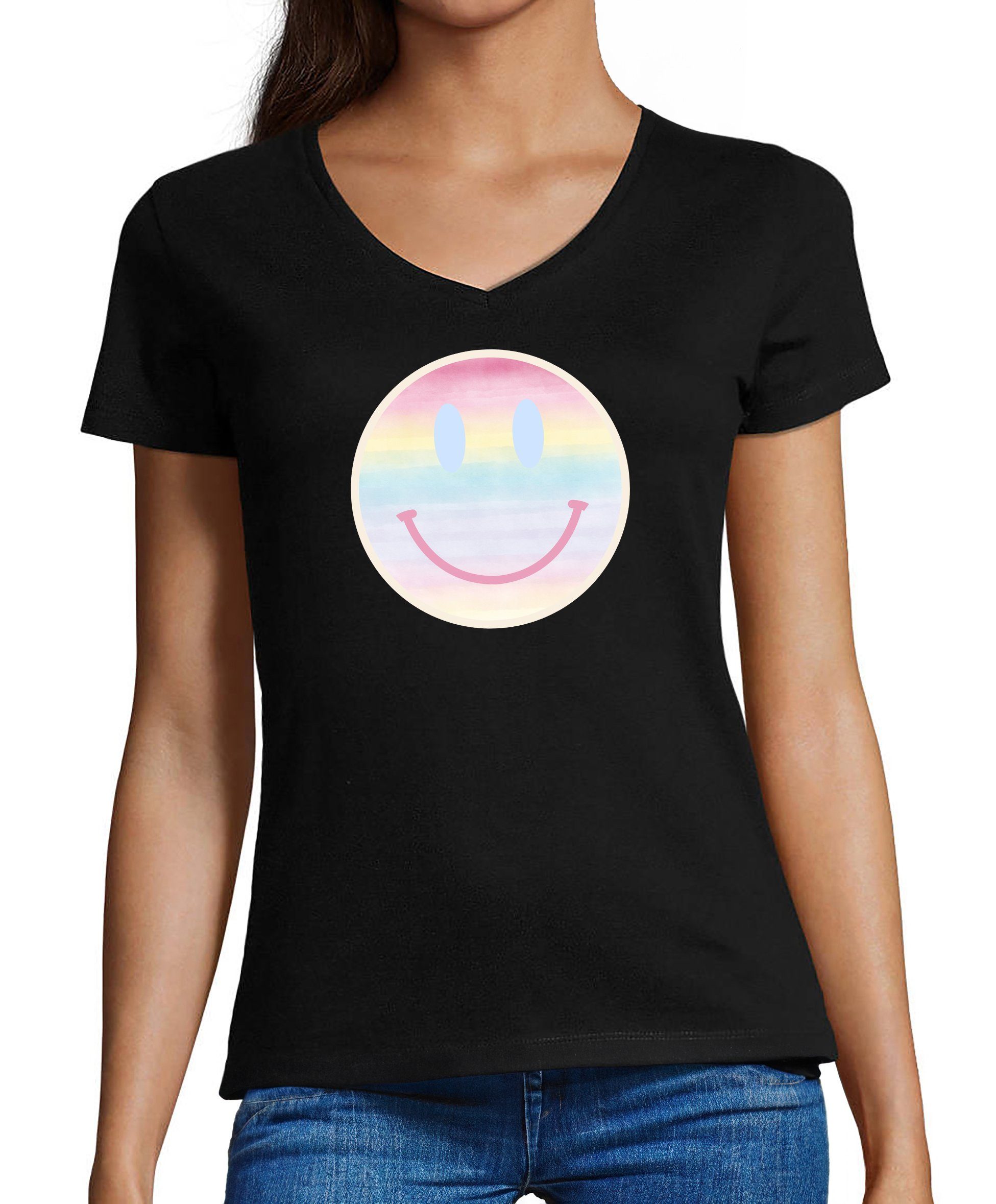 MyDesign24 T-Shirt Damen Smiley Print Shirt - Lächelnder pastellfarbener Smiley V-Ausschnitt Baumwollshirt mit Aufdruck Slim Fit, i297 schwarz