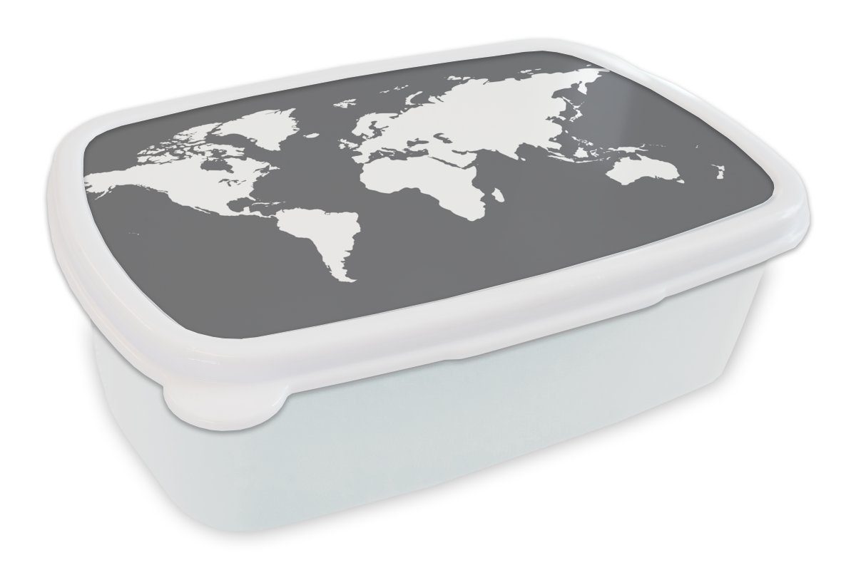 MuchoWow Lunchbox - und (2-tlg), Grau, Kunststoff, Brotdose, Erwachsene, Jungs - für Brotbox Kinder und Mädchen Weiß Weltkarte für