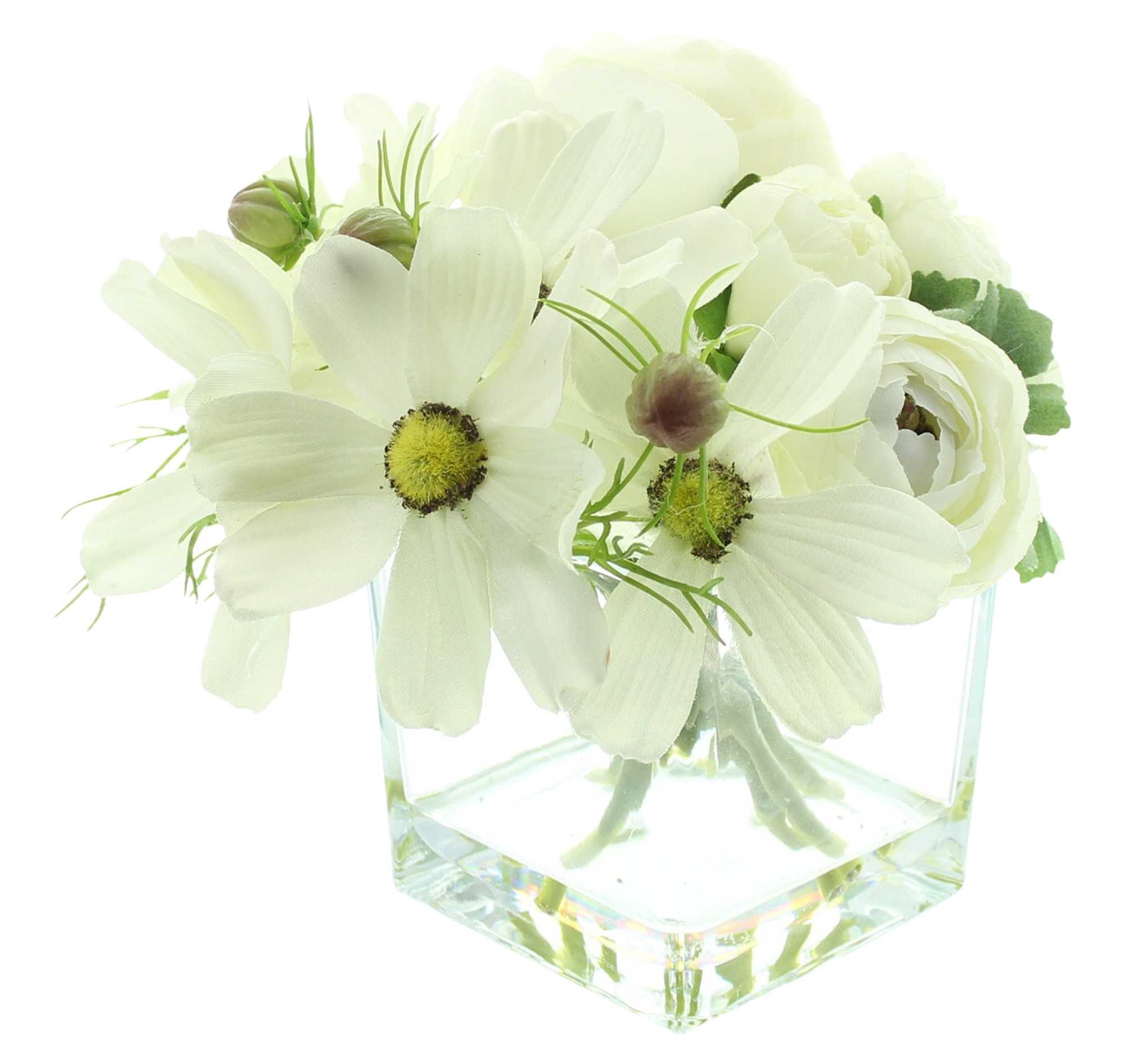 Dekoleidenschaft Dekovase "White" Vase mit Blumenstrauß Deko-Set Glasvase mit künstlichen Blumen, Blumenvase mit Kunstblumen, Tischvase mit weißen Kunstblüten