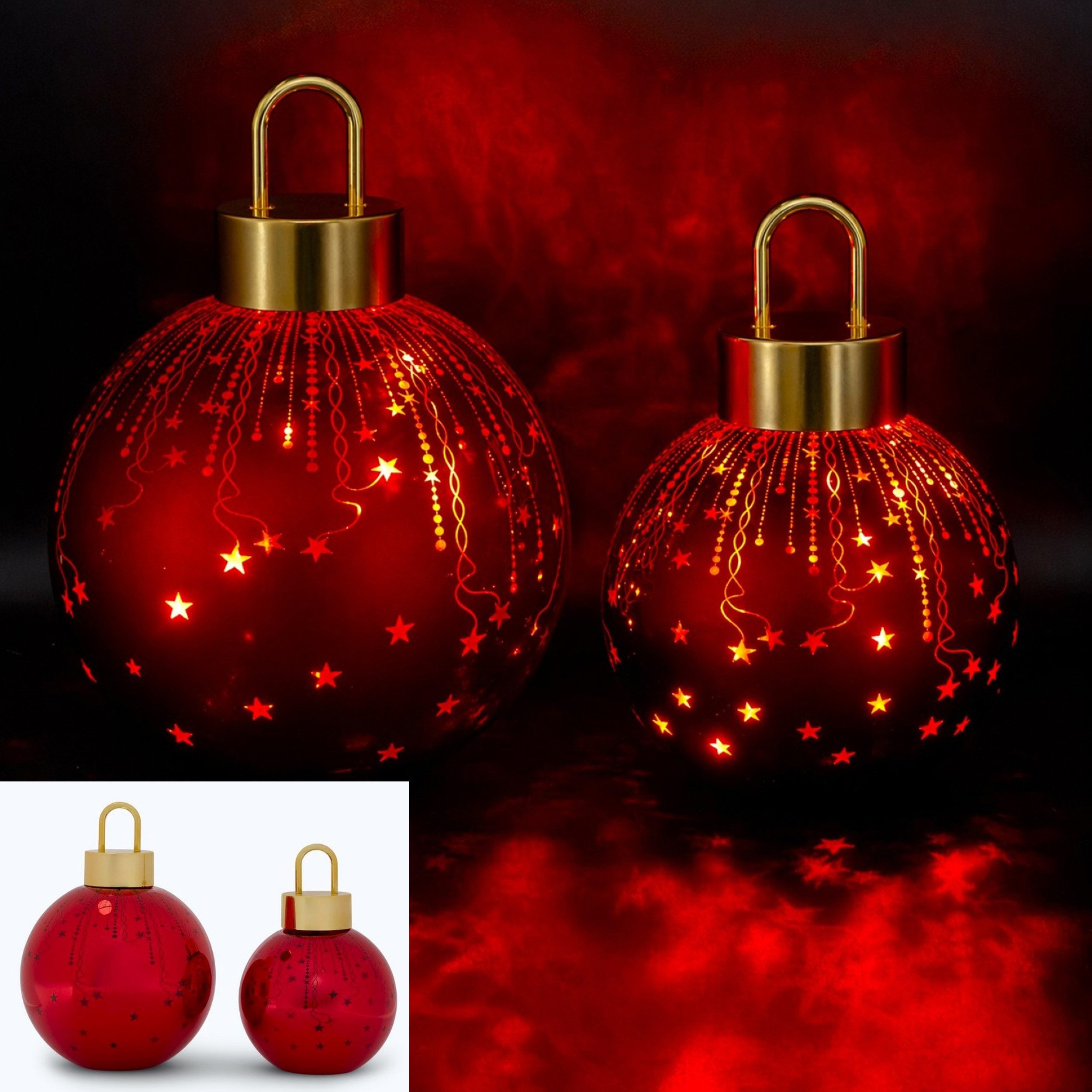 Online-Fuchs LED-Dekofigur 2 Weihnachtskugeln aus Glas mit LED-Lichterkette & Timer - Deko (ruhiges Leuchten oder Flackereffekt wählbar, Rot, Grün, Silber oder  – Bild 2 von 4