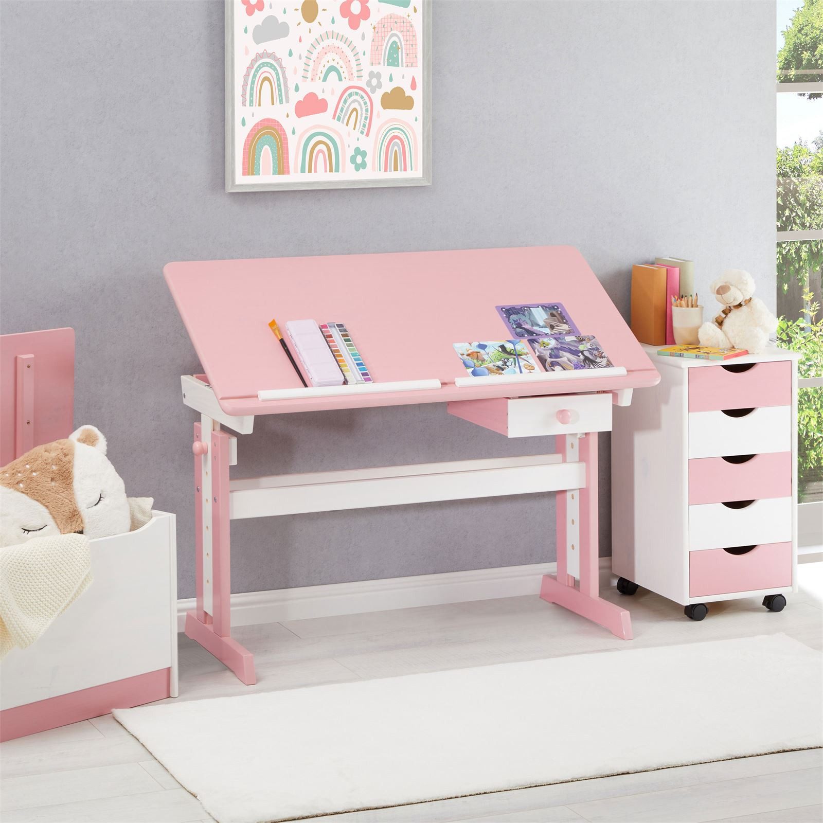 IDIMEX Kinderschreibtisch FLEXI, Kinderzimmer Lerntisch höhenverstellbar aus Massivholz Weiß/Rosa