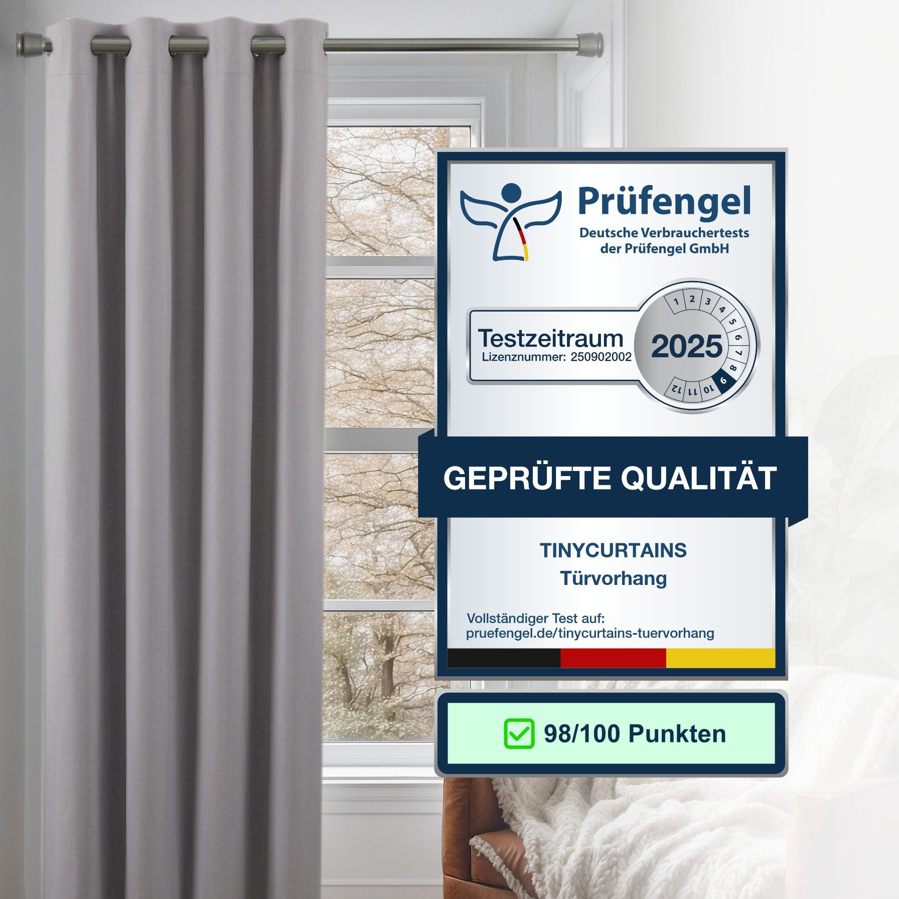 tinycurtains Türvorhang mit Stange silber 70-120 cm Thermo Vorhang ohne Bohren, mit Magneten, Ösen, abdunkelnd, Polyester, hellgrau Moonlight, Türgardine mit Klemmstange Raumtrenner verdunkelnd