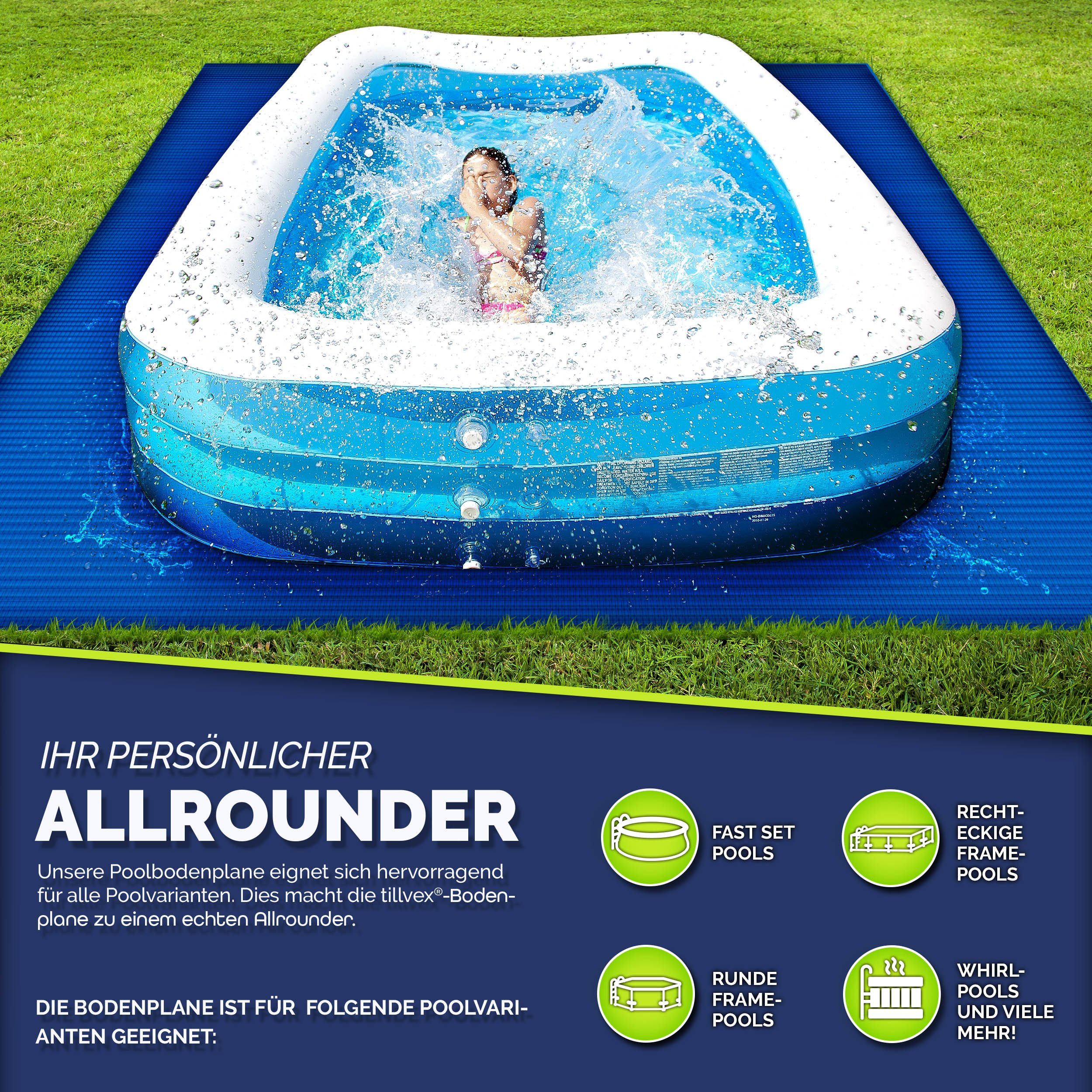 tillvex Bodenschutzplane tillvex Premium Poolunterlage 250 g/m² Bodenplane Bodenschutzplane (Schwimmbecken UV-stabile & reißfeste Poolunterlage, Bodenschutzmatte Bodenschutzplane für Swimmingpool), Premium Pool Bodenplane quadratisch & rechteckig für Pools