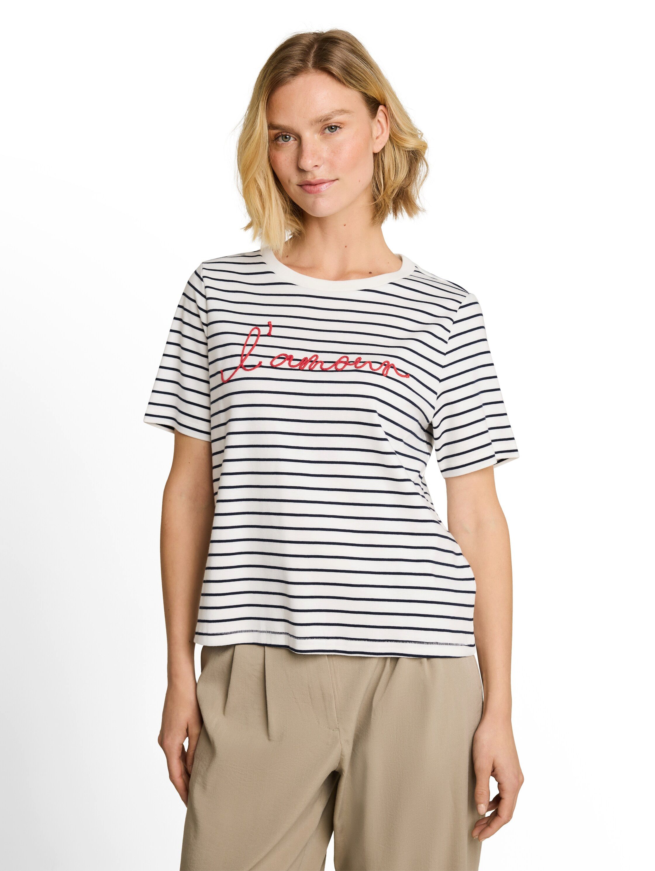 TOM TAILOR Kurzarmshirt Sommershirt im Streifen-Look und mit Workung-Stickerei