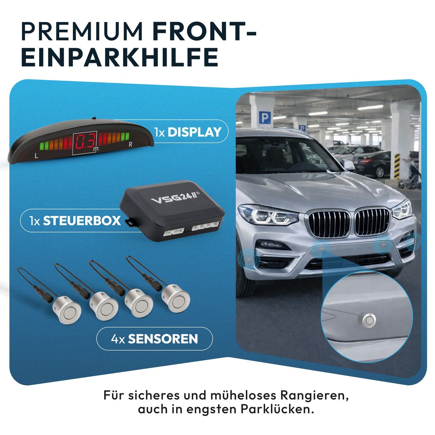 VSG24 Premium Einparkhilfe ECHO PLUS VORNE Display Parkhilfe zum nachrüsten Rückfahrkamera (Rückfahrwarner mit Display & 4 Sensoren Stecksystem Nachrüstsatz PDC)