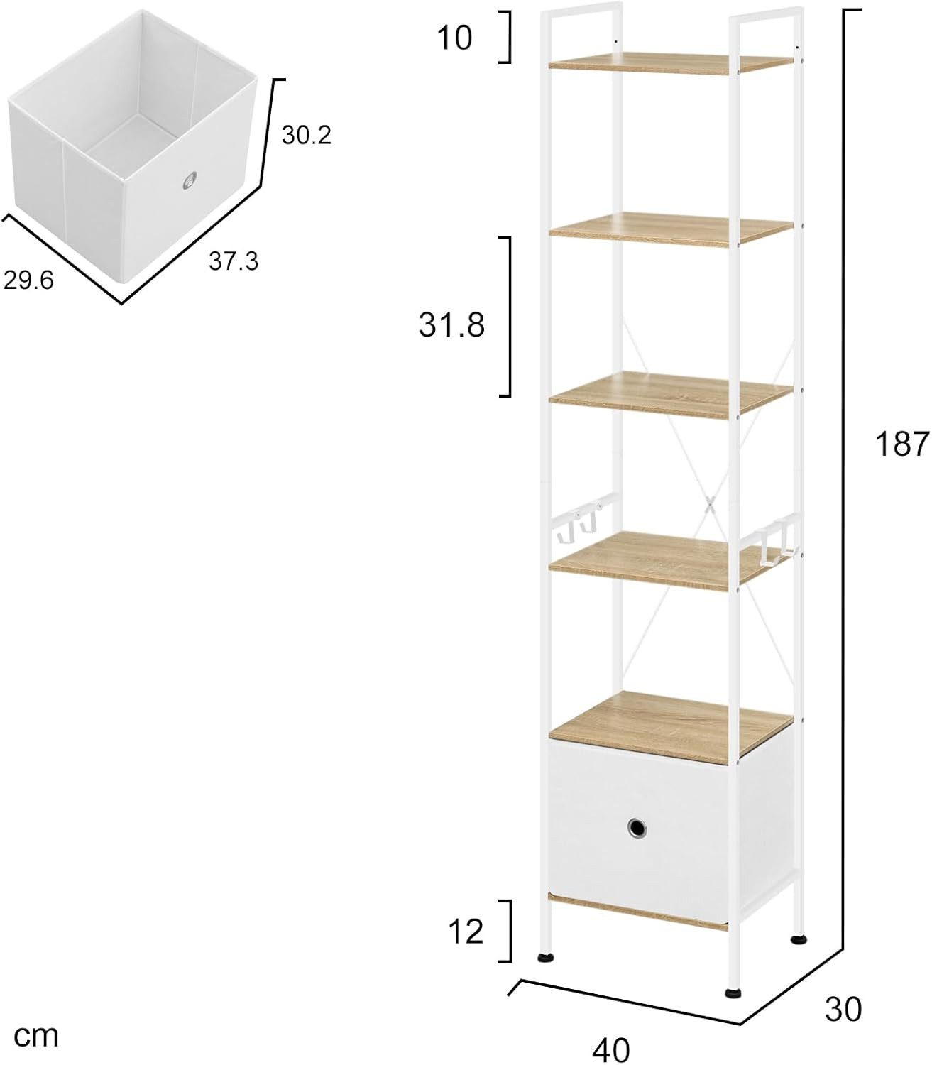 Woltu Standregal, mit 5 Ablagen 2 Schubladen, 63x187x30 cm, mit Metallrahmen