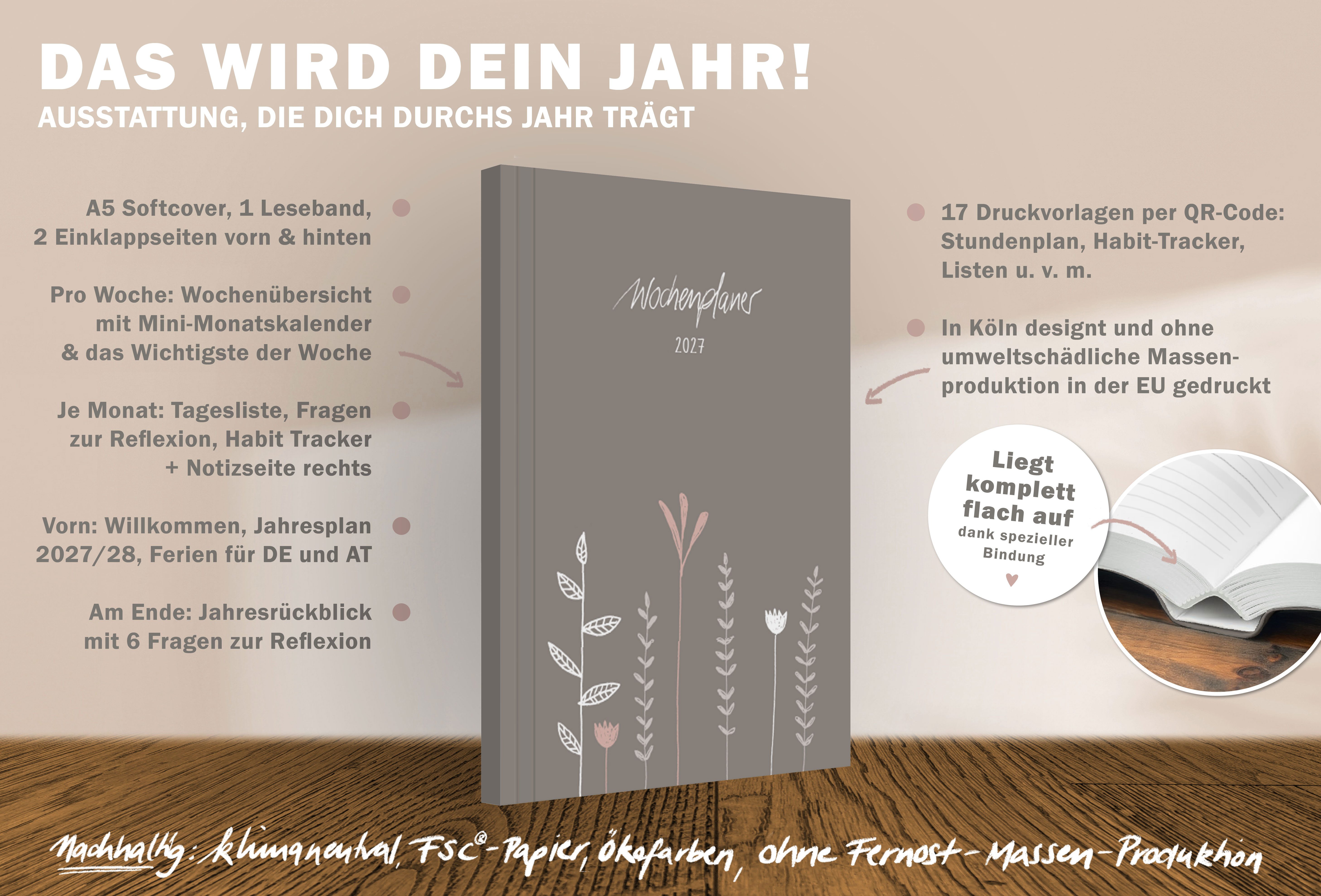 Eine der Guten Verlag Terminkalender Terminplaner 2027 - A5, grau rosa, 1 Doppelseite / Woche, 144 S. FSC-Papier, Softcover, klimaneutral – Bild 3 von 5