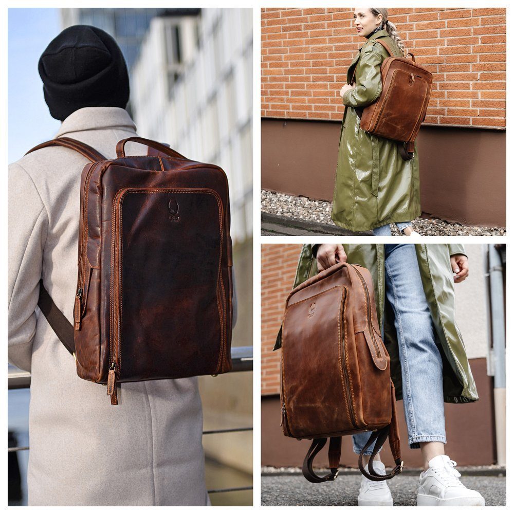 Corno d´Oro Freizeitrucksack Handmade Rucksack Herren Leder Lederrucksack Damen Groß, vintage braun, für 15,6 /17 Zoll Laptop, mit Organizerfach