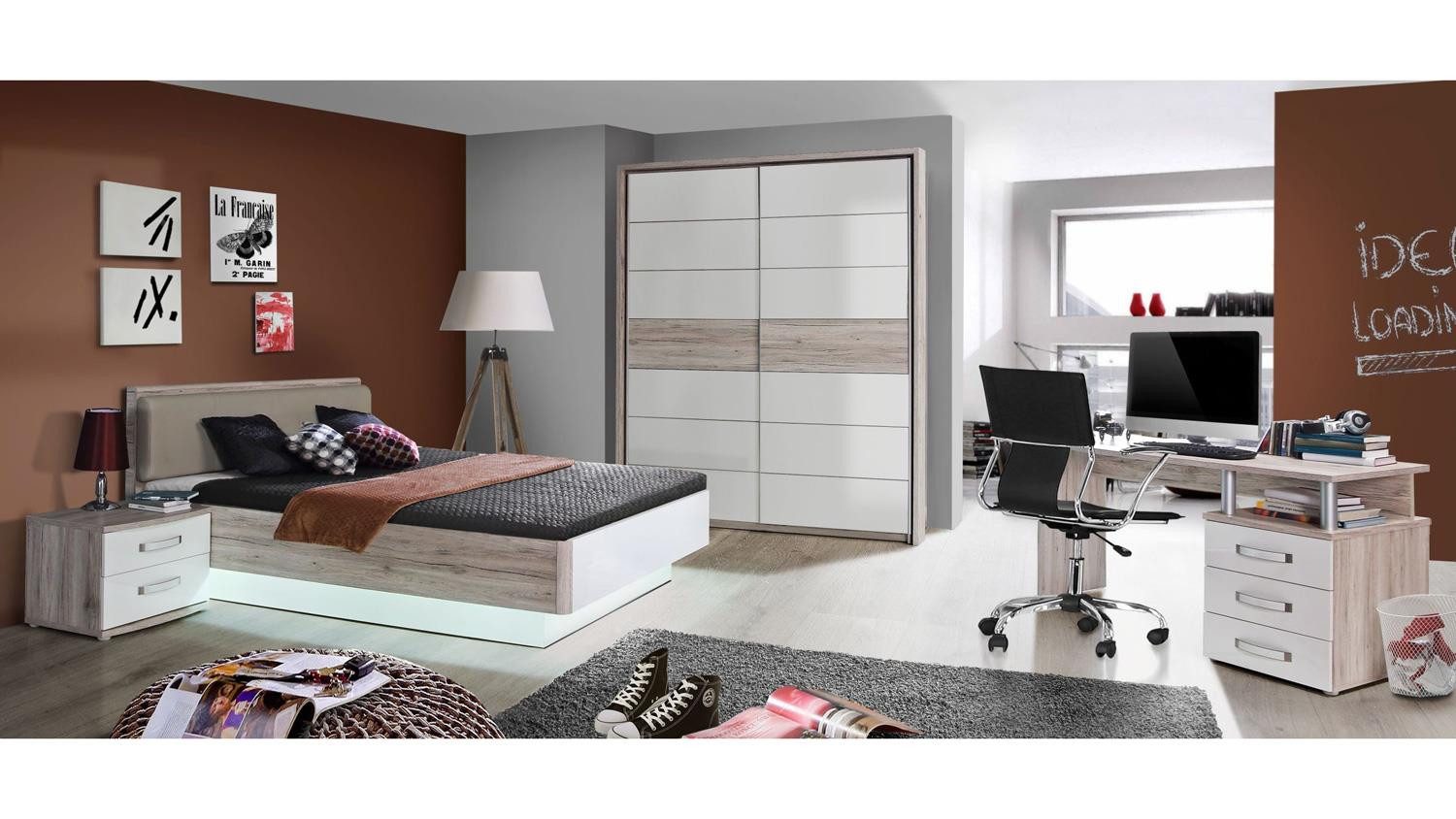 Forte Möbel Jugendbett Jugendzimmerbett Rondino Sandeiche und weiß Hochglanz 140x200 cm