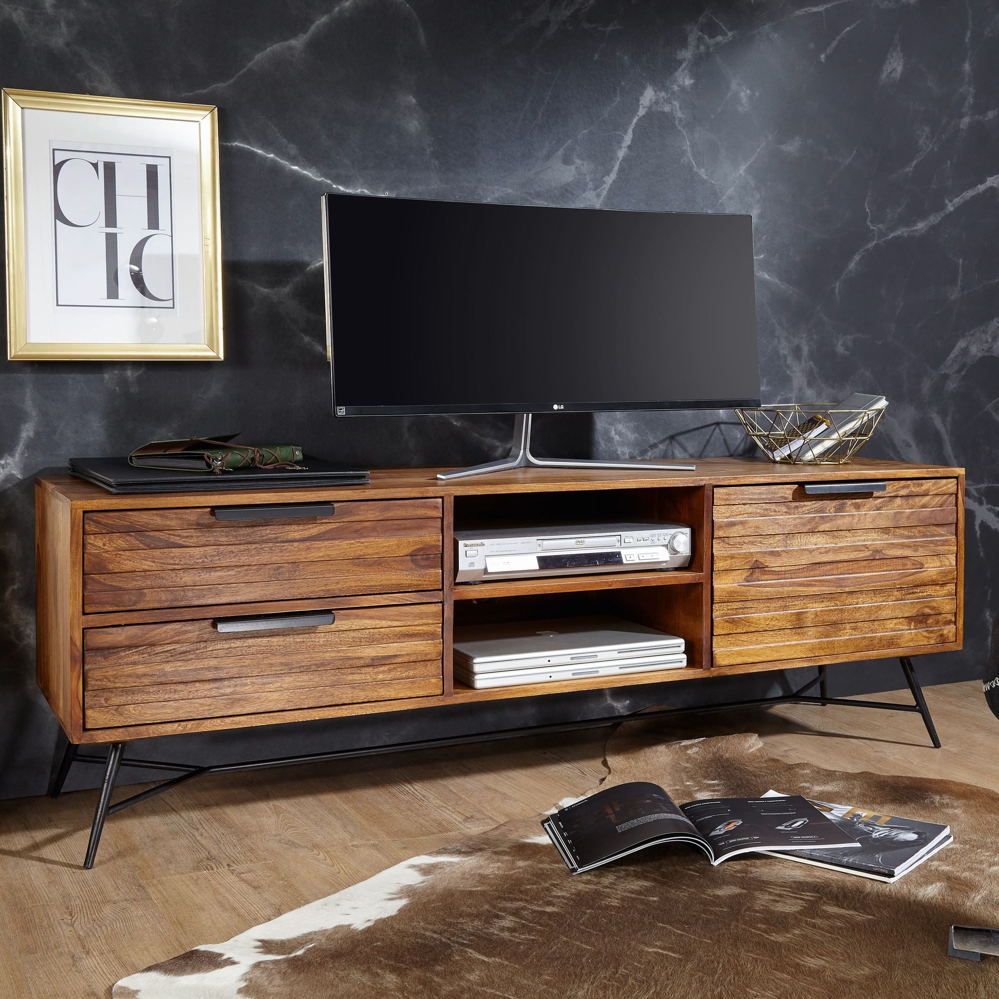 furnicato Lowboard Massivholz Walnuss Finish 160x40x54cm Braun Schwarz (1 St), Stabile TV-Unterlage mit Schubladen und Ablage für dein Wohnzimmer