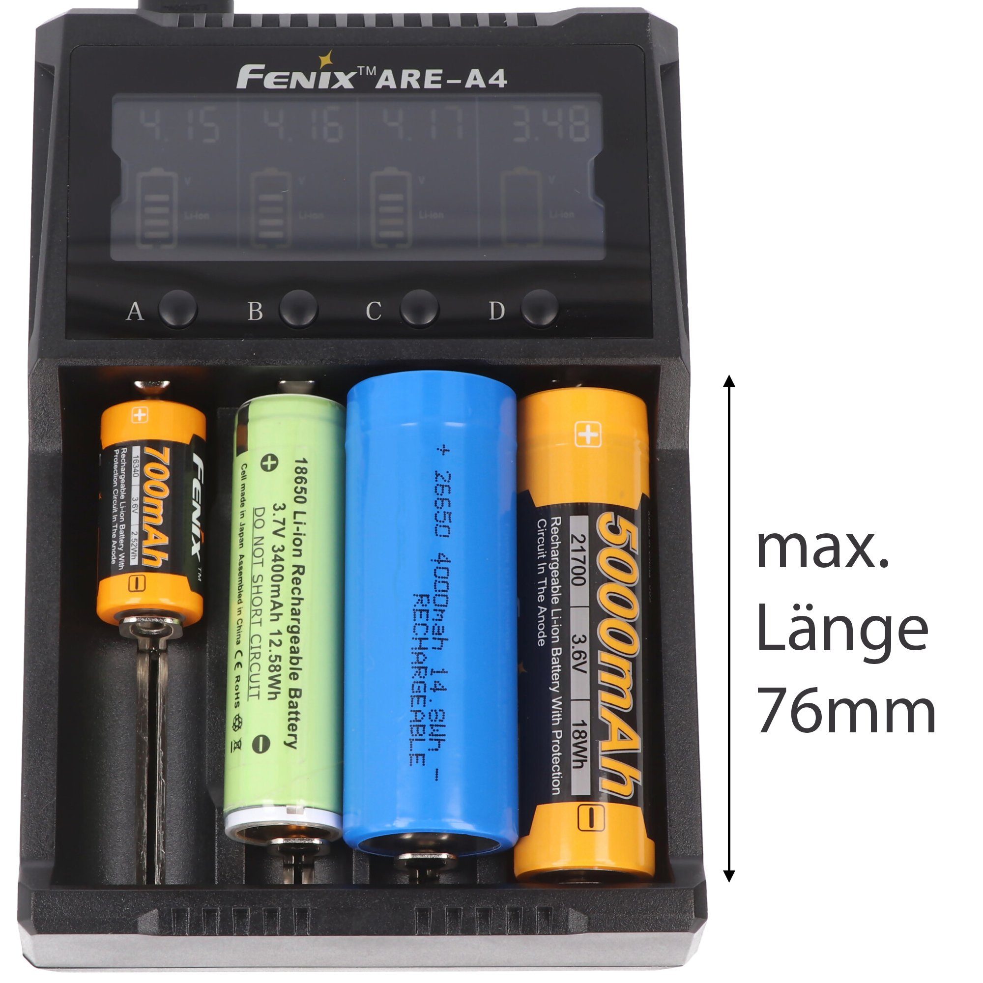Fenix Fenix ARE-A4 Ladegerät für Li-ion 18650, 21700, AA, AAA, C, 26650 läd Akku-Ladestation