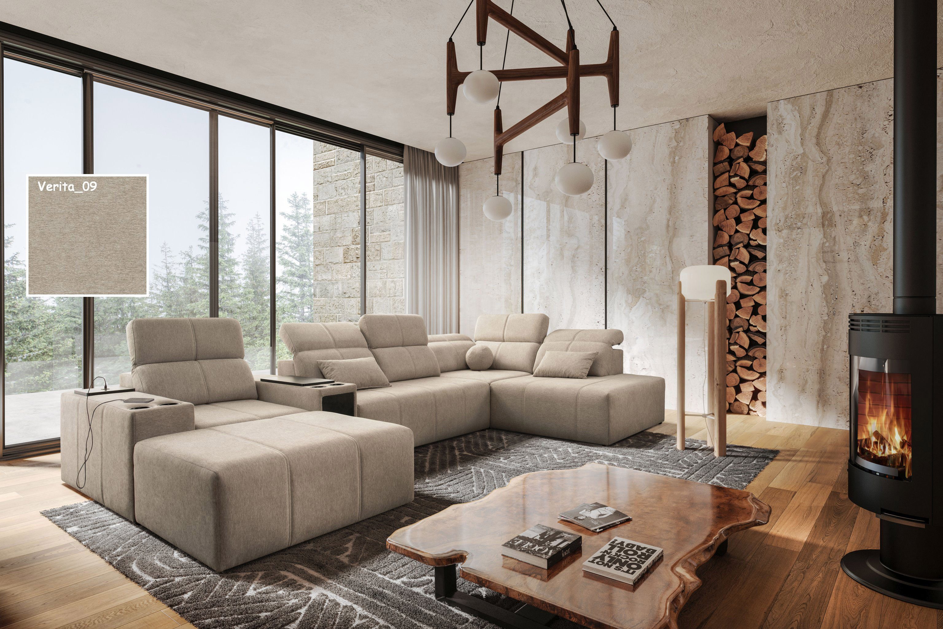 Möbel für Dich Wohnlandschaft XXL Mindy 5 in U-Form mit Sitztiefenverstellung, Hocker, Minibar, USB, mit Bettfunktion und Bettkasten