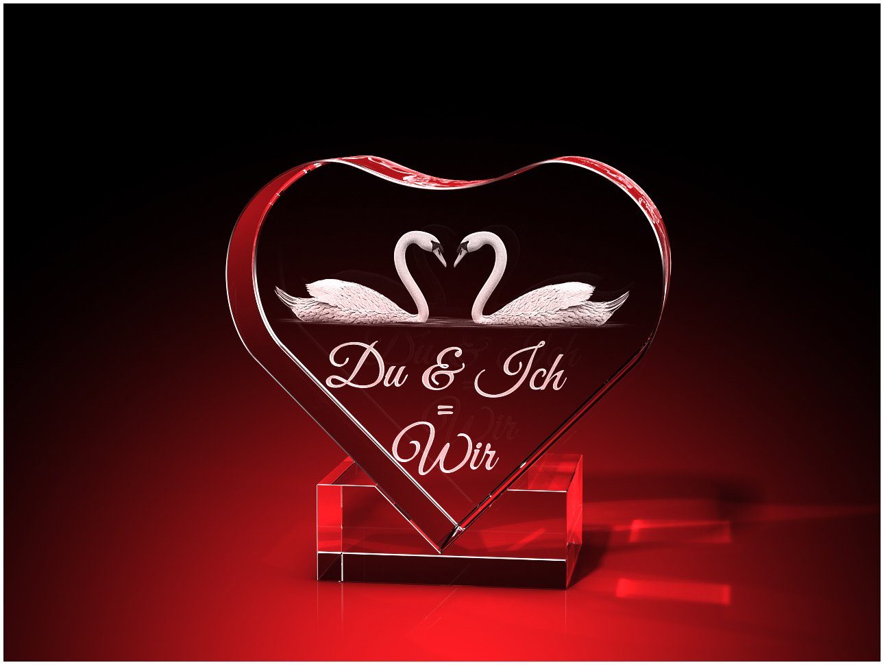 GLASFOTO.COM Dekofigur Herz mit Halterung zum Hinstellen 'DU+ICH=WIR' mit Schwänen, ein einzigartiges Geschenk aus Liebe