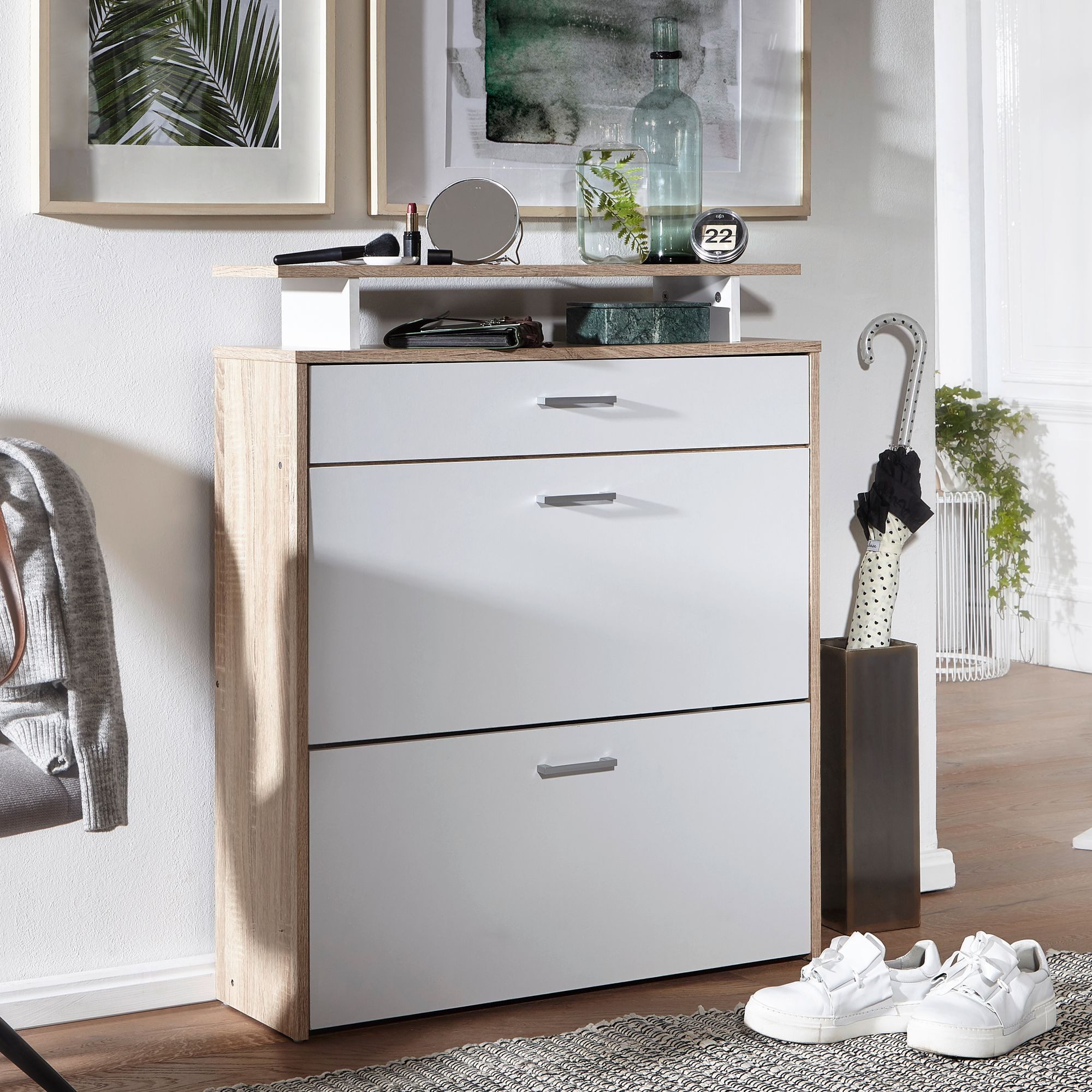 FINEBUY Schuhkipper FB42994 (80x95x24 cm, Schuhschrank Sonoma Eiche / Weiß) günstig online kaufen