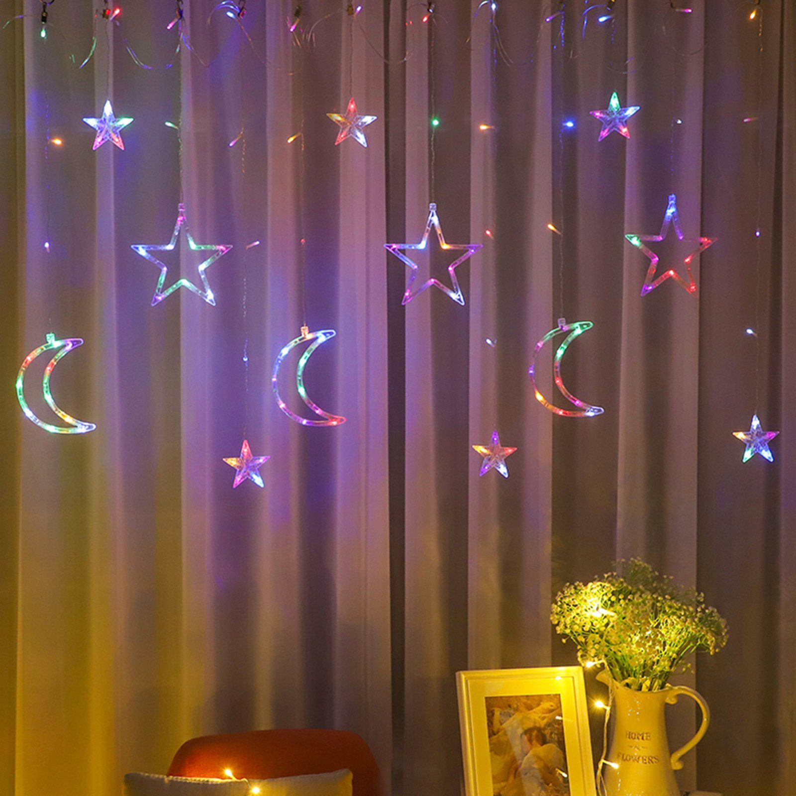 Sunicol LED Nachtlicht Eid Stern mit Weiß, Ramadan Rosa, Mubarak Mond,Batteriebetrieb, LED-Lichterkette,mit Warmes Warmes Weiß Multicolor, Wasserdicht, Energieeinsparung