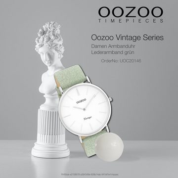 OOZOO Quarzuhr Oozoo Damen Armbanduhr grün Analog, (Analoguhr), Damenuhr rund, groß (ca. 40mm) Lederarmband, Fashion-Style