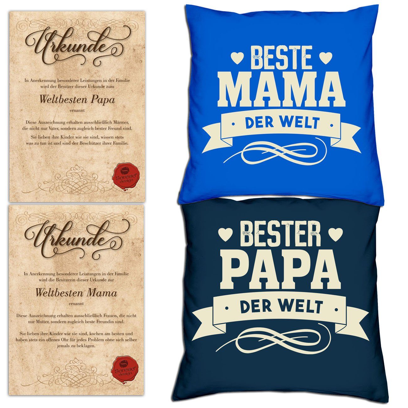 Soreso® Dekokissen Kissen-Set Bester Papa der Welt Beste Mama der Welt mit Urkunden, Weihnachtsgeschenk für Eltern royal-blau