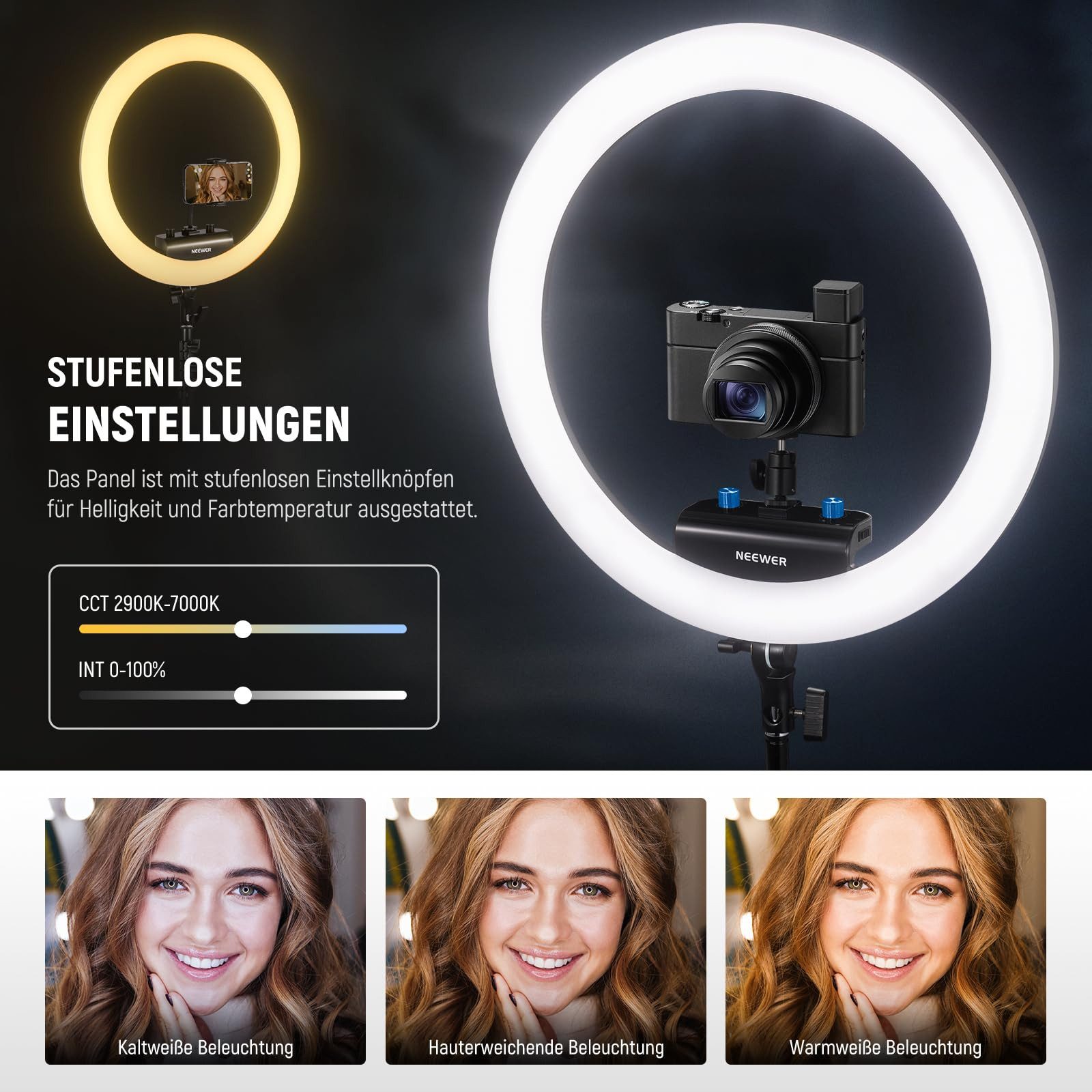 Neewer Ringlicht RP18B Professionelles Ringlicht 45W, 18" dünn, mit Telefonhalter, mit Ständer, Fernauslöser und App Steuerung, für Make up Live Stream