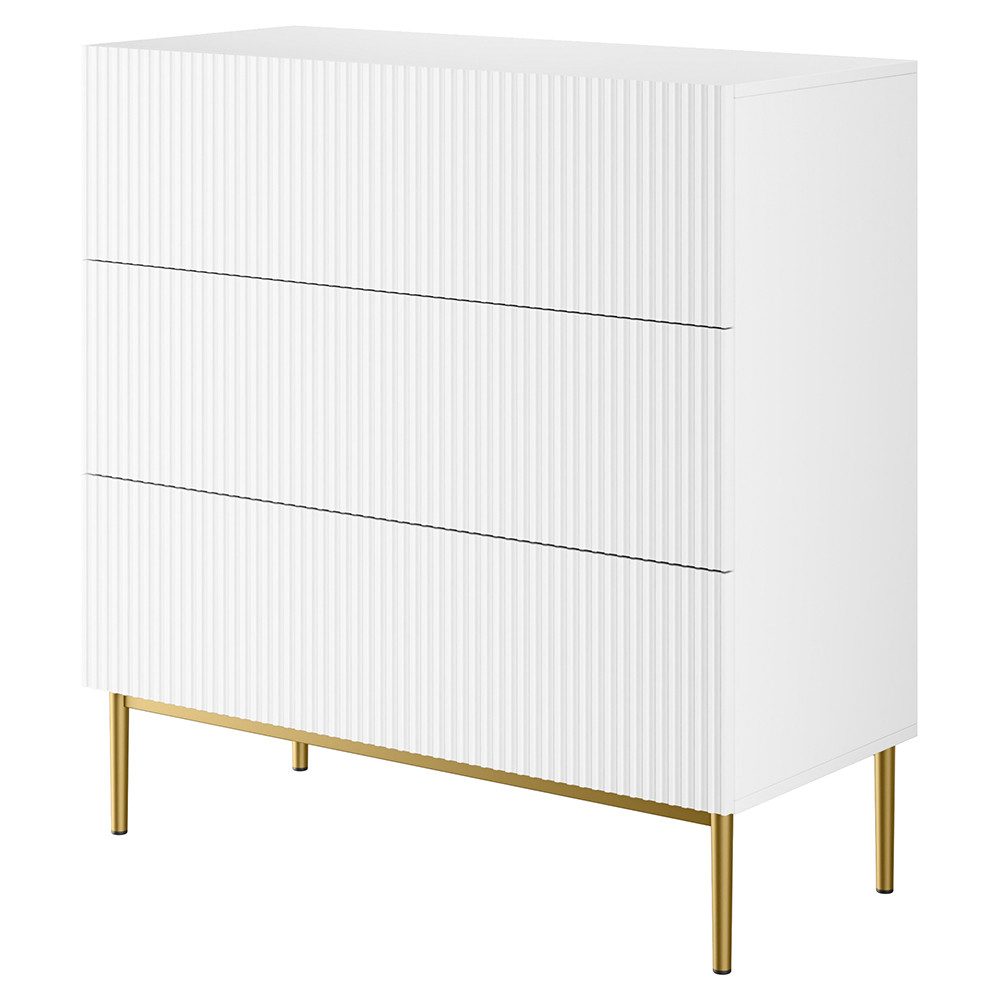 Lomadox Kommode NAVASOTA-141, 100 cm breit, weiß matt mit goldenen Beinen, 3 Schubladen