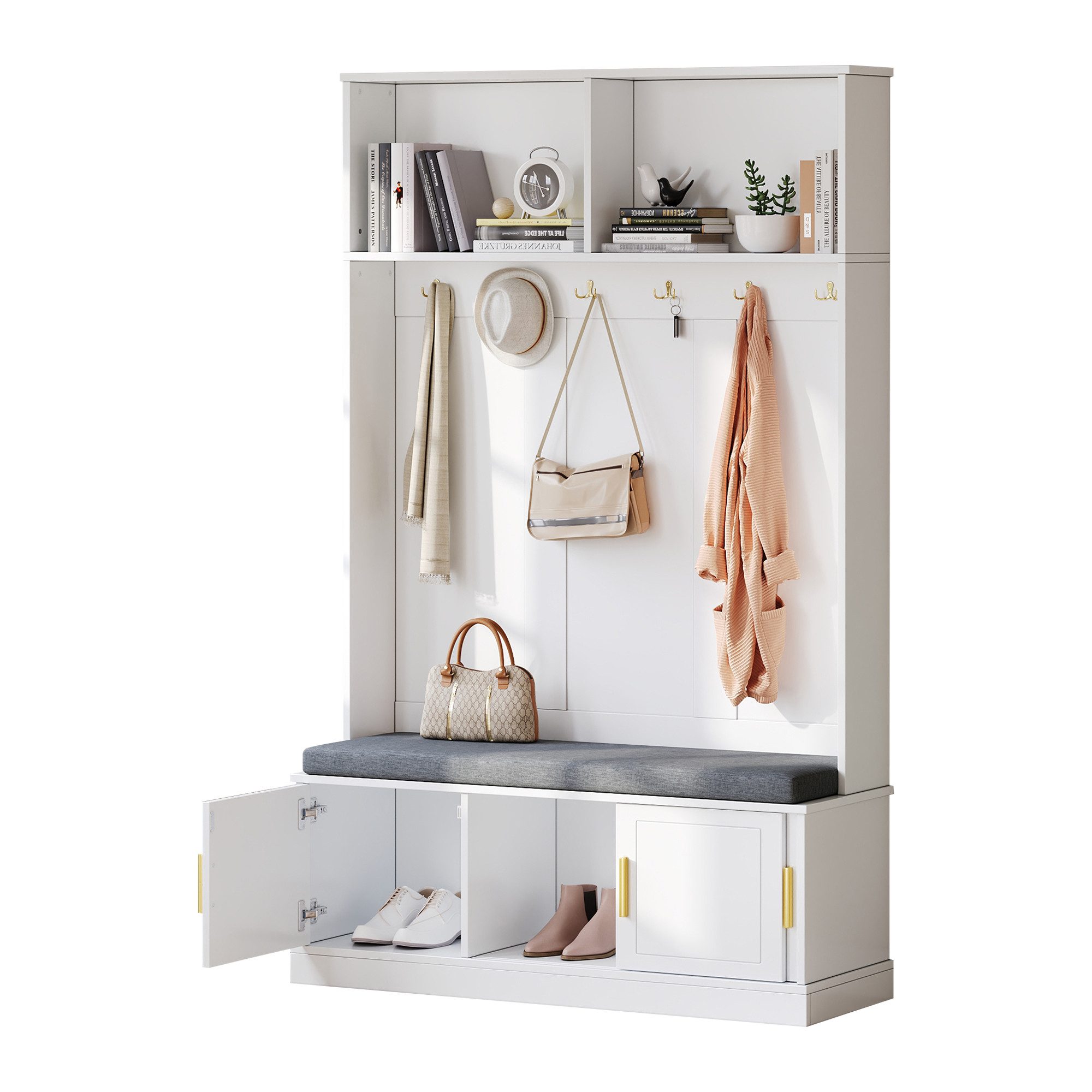 Refined Living Garderoben-Set Garderobenständer mit Schuhbank & 6 Haken, Flurgarderobe,Garderobe, (120×40×191cm, Kleiderständer, Schuhregal, Flurgarderobe freistehend mit offenem Stauraum, Schuhbank mit Stauraum, Kleiderständer Eingangsbereich