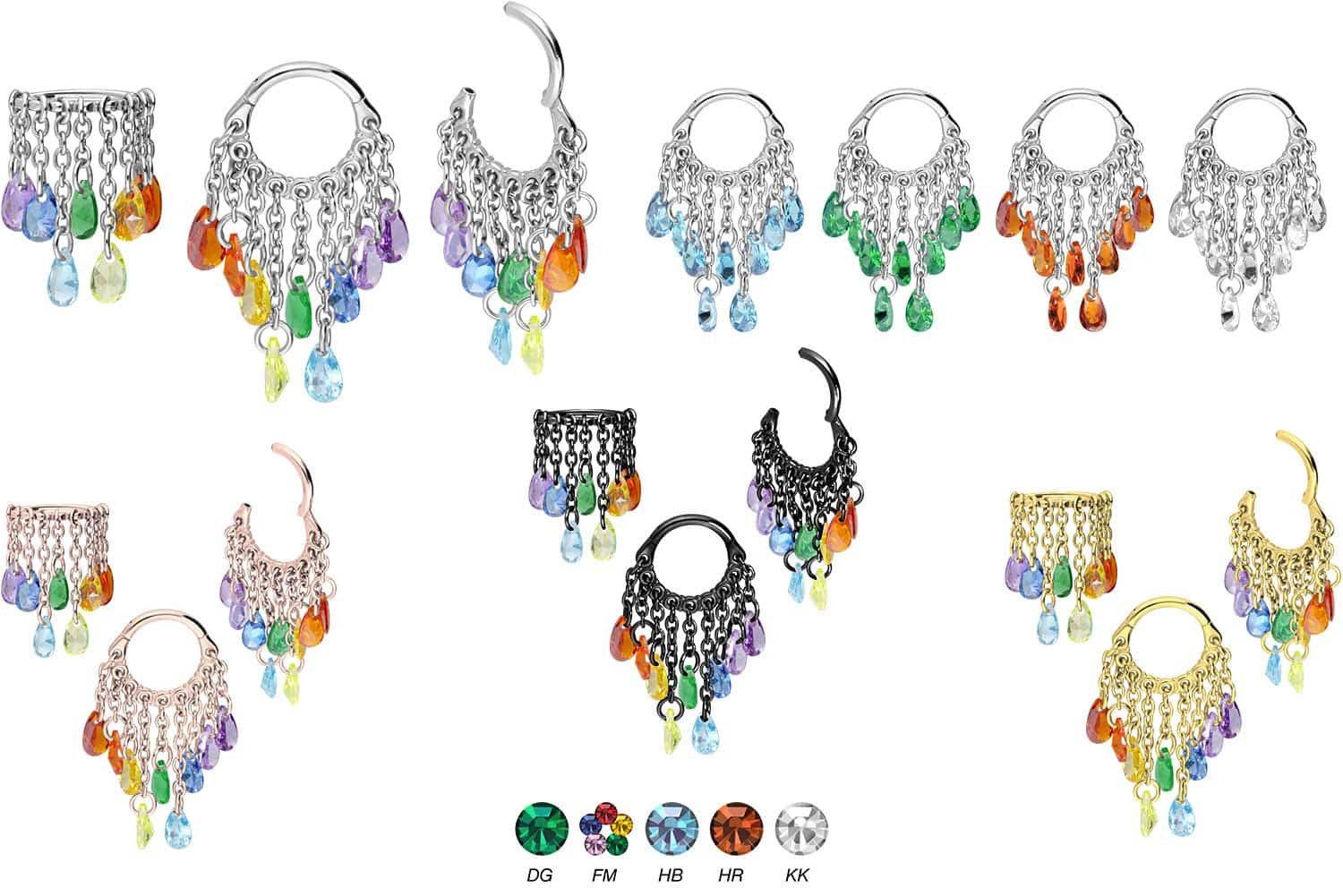 PIERCINGLINE Nasenpiercing Chirurgenstahl Segmentring Clicker KETTENVORHANG + KRISTALLTROPFEN (Clicker, 1-tlg), Ohrpiercing für Conch, Helix, Tragus, Daith, Lobe