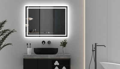 WDWRITTI Spiegel Badspiegel Led 80x60 mit Uhr Wandspiegel mit beleuchtung 3Lichtfarben (LED Spiegel Lichtspiegel, mit Touch, Wandschalter, Dimmbar, Speicherfunktion), Energiesparend, IP44