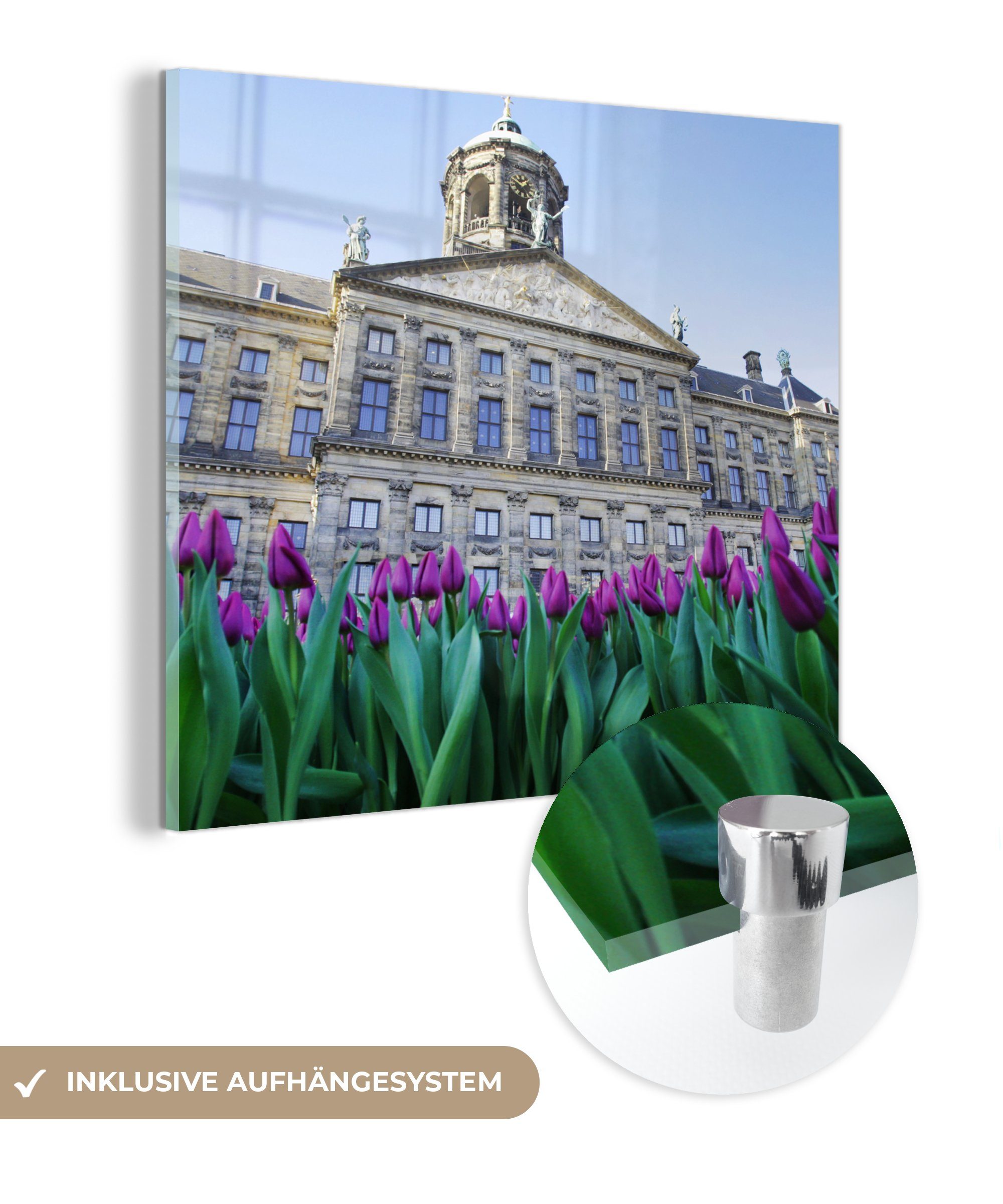 MuchoWow Acrylglasbild Glas Foto - - Wanddekoration - auf dem Glasbilder Wandbild auf am wachsen Palast - Dam-Platz (1 vor Glas Tulpen St), Amsterdam, Bilder