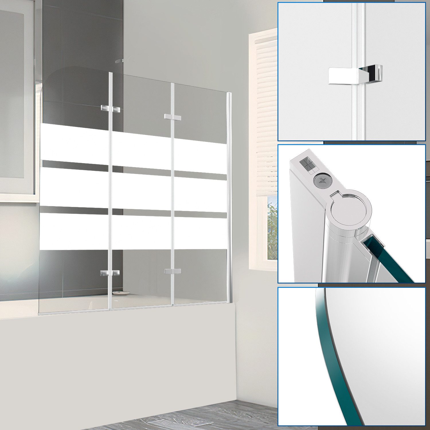 Clanmacy Badewannenaufsatz Duschwand Badewanne 120x140 cm 3-teilig ESG 6 mm Weiß