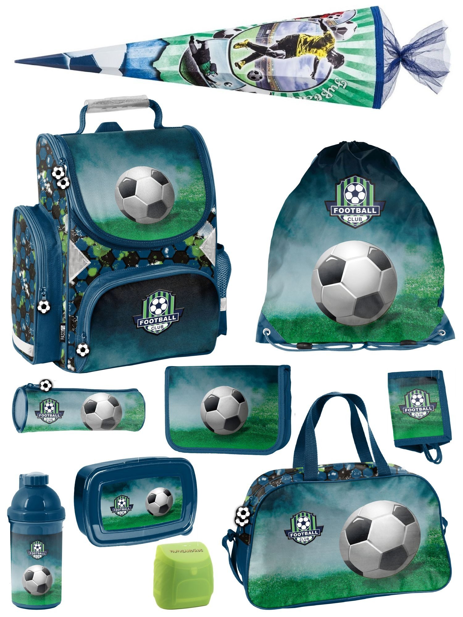 Familando Schulranzen 1.-3. Klasse ergonomisch, leicht, Volumen 15 Liter (10-tlg., inkl. Sporttasche und Schultüte / Zuckertüte 85cm), Fussball Schultasche für Jungen, Blau