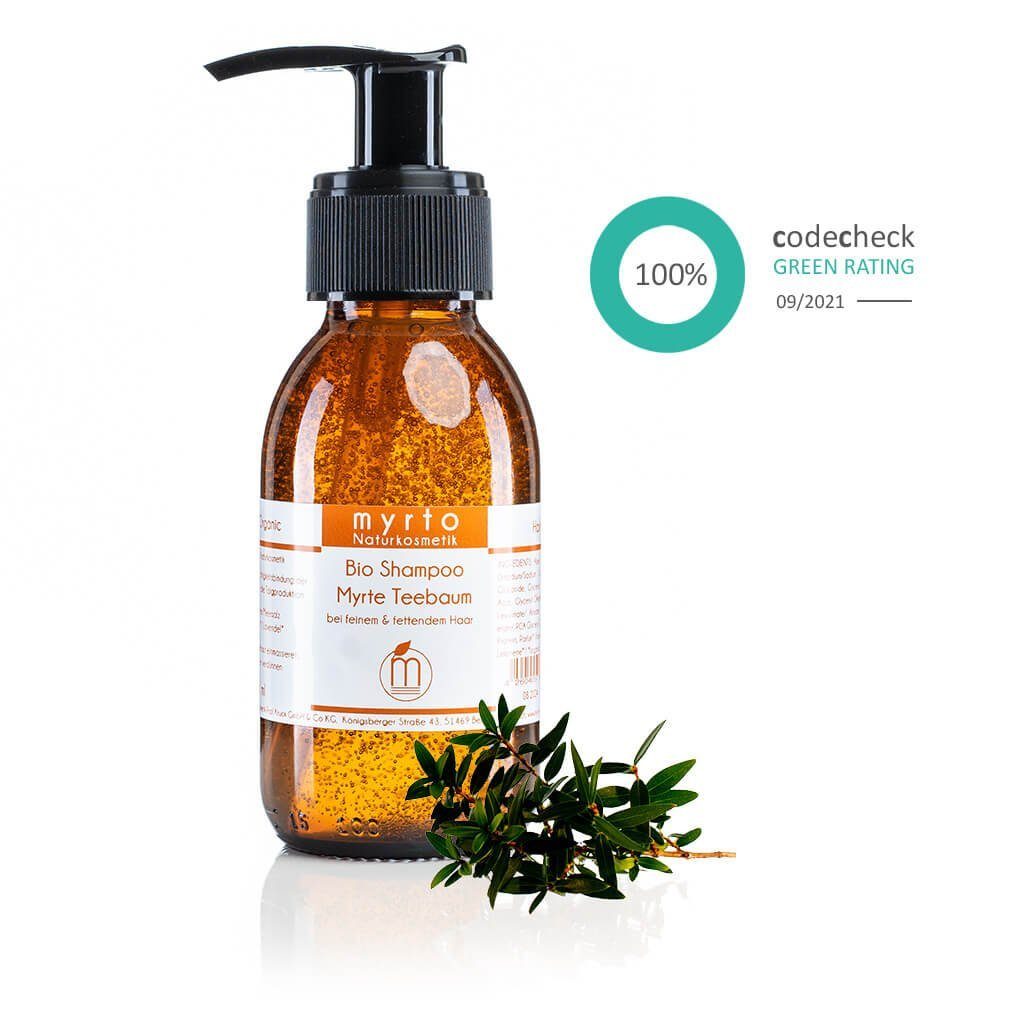 myrto Naturkosmetik Kopfhaut-Pflegeshampoo Natur Bio Shampoo Myrte Teebaum - ausgleichend bei fettiger Kopfhaut, frei von Alkohol, naturreine ätherische Öle, palmölfrei