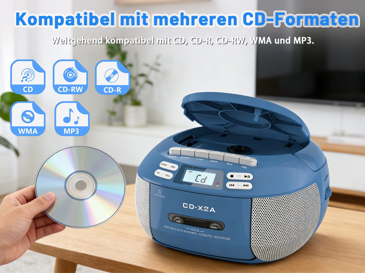 Greadio X2A Tragbarer CD-Player Kassettenrekorder mit Bluetooth FM Radio, blau tragbarer CD-Player (Bluetooth)