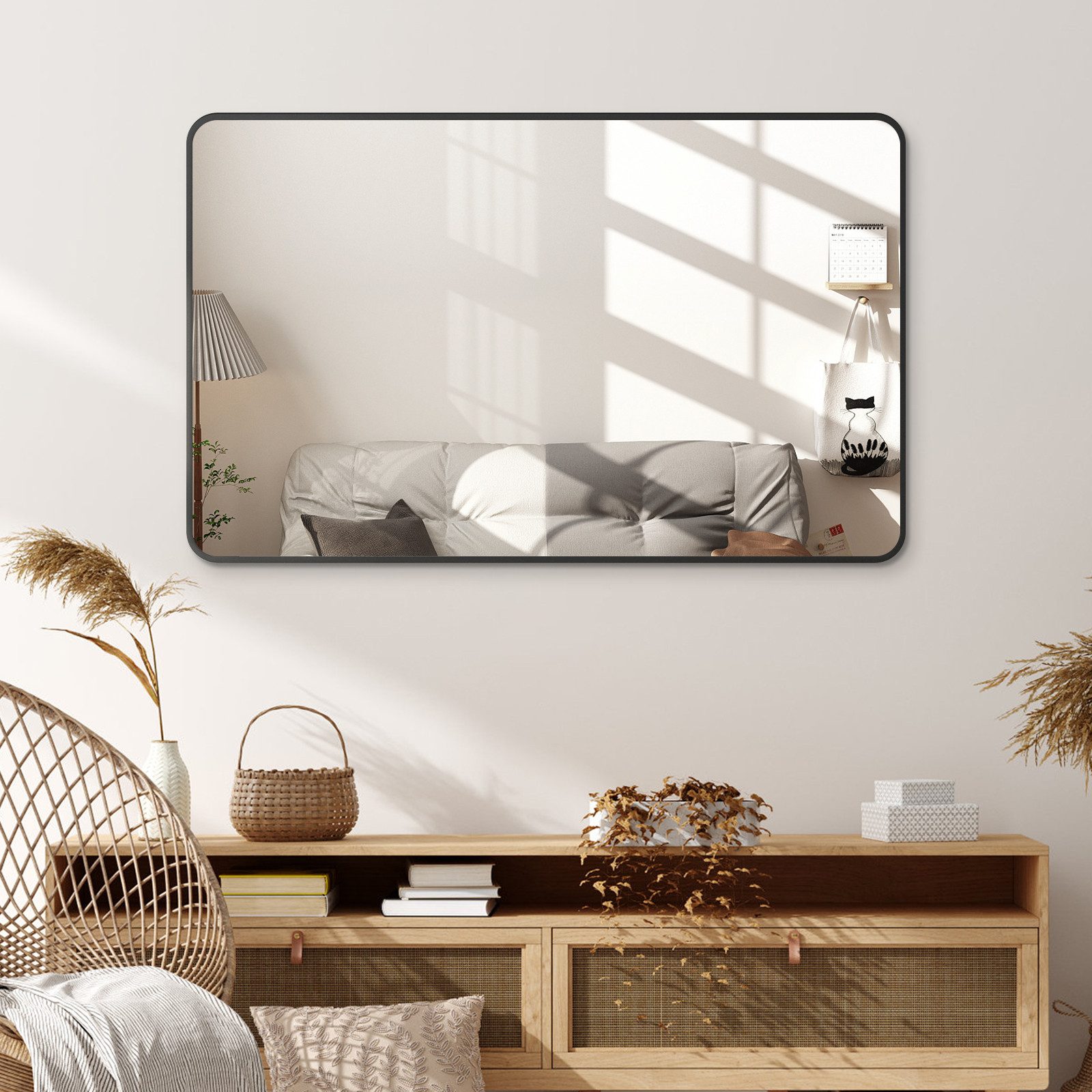 Hopibath Wandspiegel groß 100x70 Spiegel Flur mit Alurahmen (Flurspiegel Badspiegel, Rechteckig), 5mm HD Glas, 4 Installationsmethoden