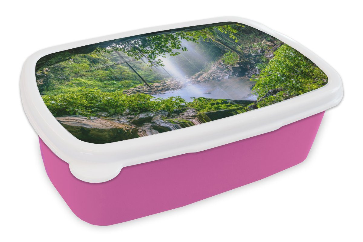 MuchoWow Lunchbox Dschungel Wasserfall Erwachsene, - Wasser rosa Brotdose Kunststoff, Mädchen, Regenwald - Snackbox, für (2-tlg), Brotbox - Kunststoff Pflanzen, - Kinder