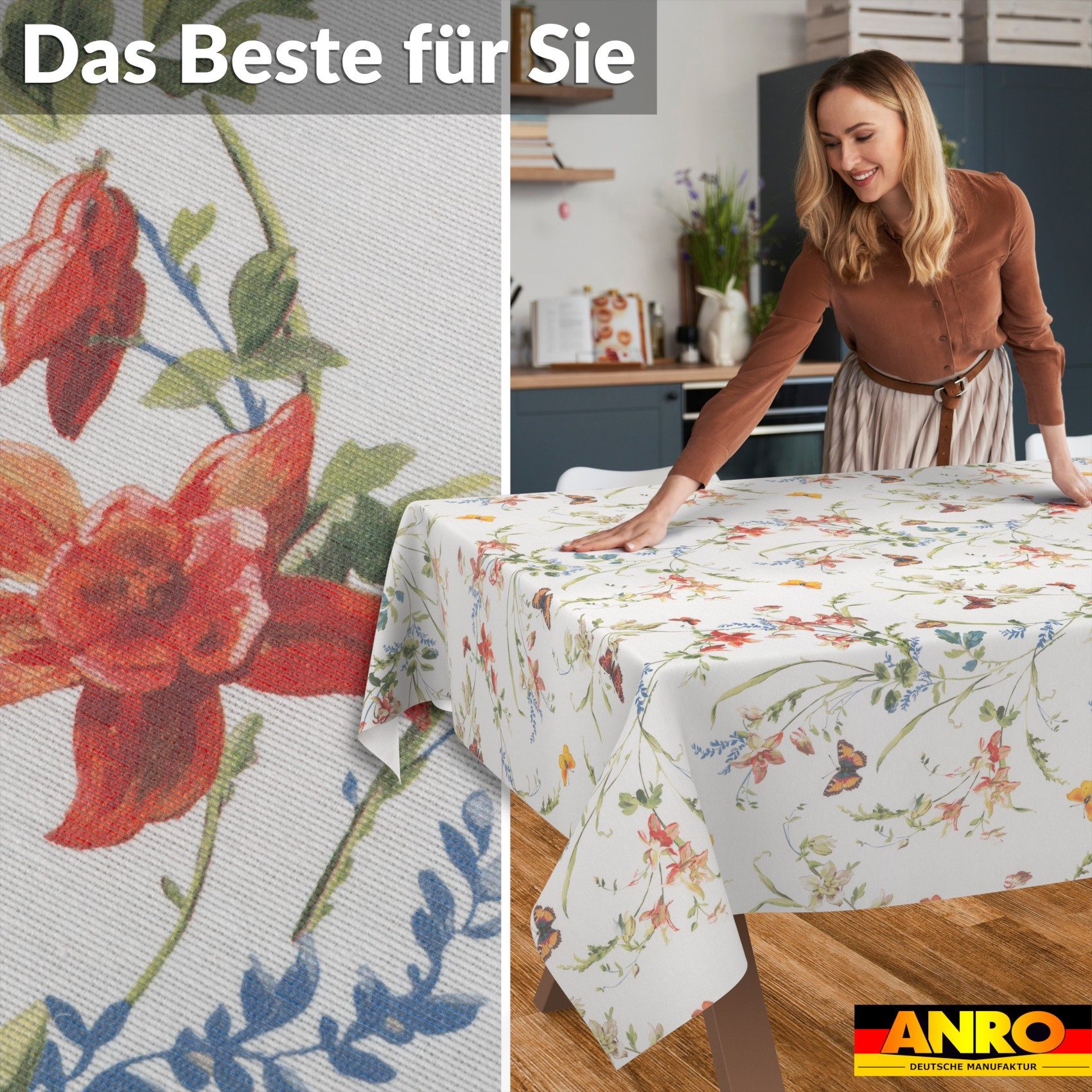 ANRO Tischdecke Gartentischdecke 3.0 abwaschbar Schmetterling Garten Tischwäsche (Einzelstück 1-tlg), wasserabweisend PU-Beschichtet Ruhig Orange 100x140cm