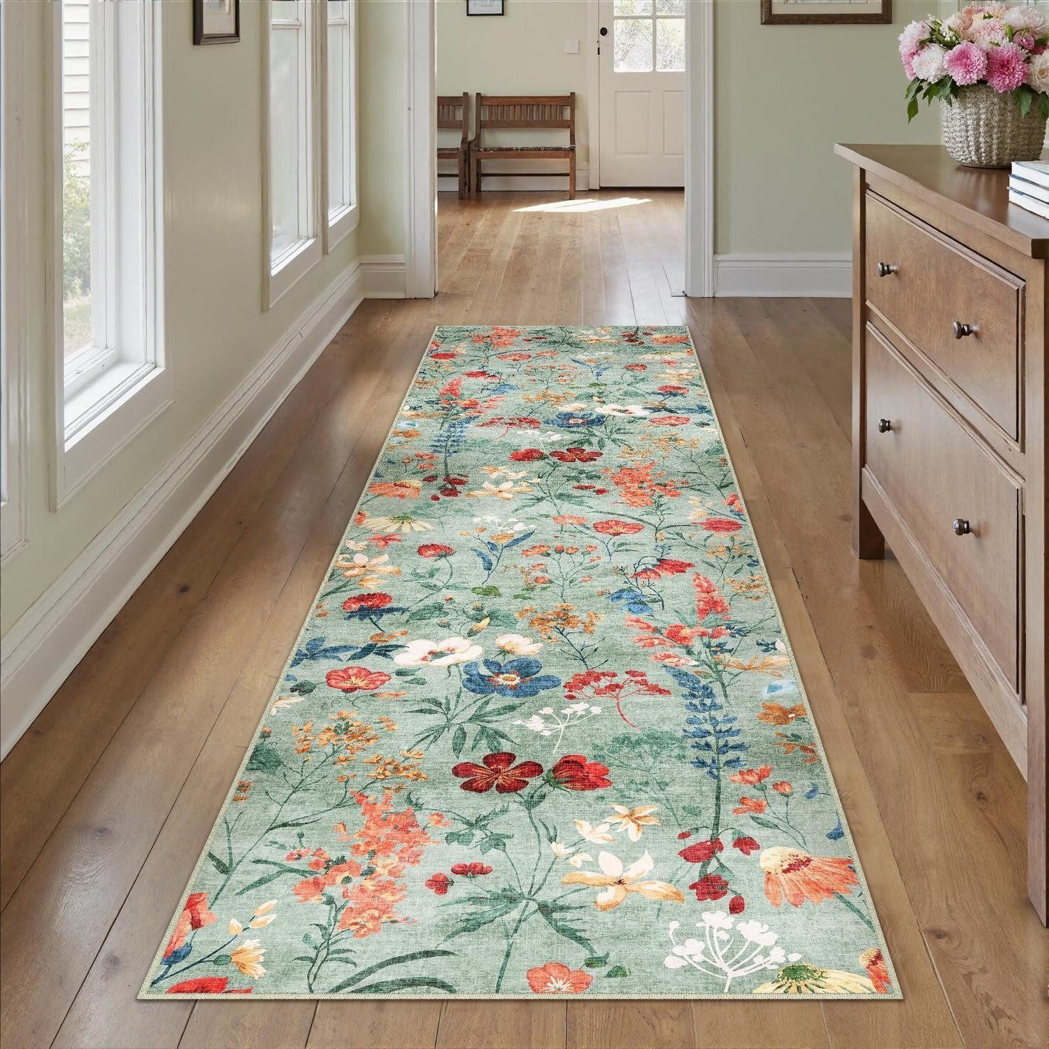LuxusKollektion Läufer Läufer Grün 60x240cm Waschbar Blumenmuster, rechteckig, Höhe: 5 mm