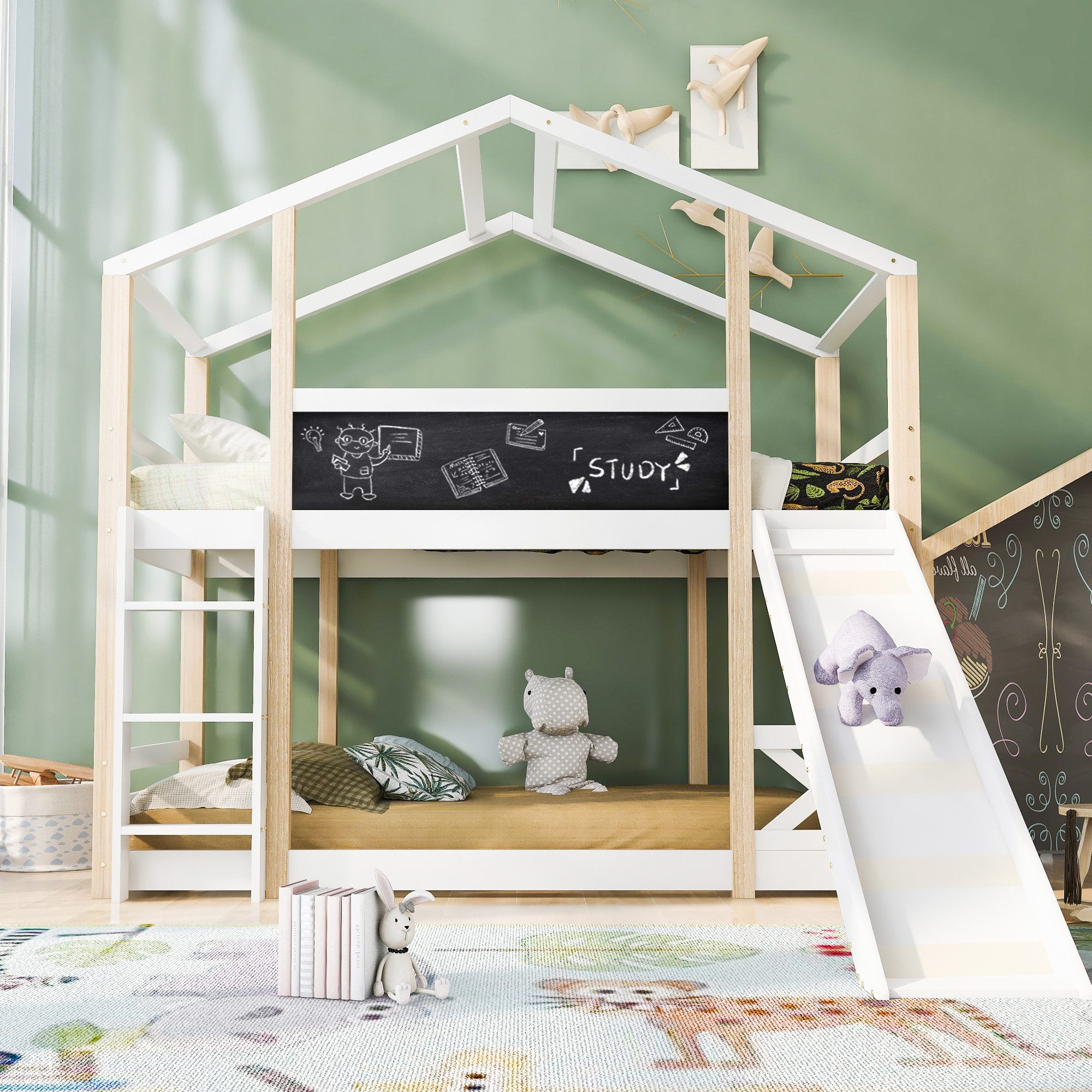 WISHDOR Etagenbett Kinderbett Baumhaus (Hochbett für Kinder– 2x Lattenrost- Natur & Weiß, mit Rutsche & Leiter 90 x 200 cm), Praktikabilität und Kreativität kombinieren