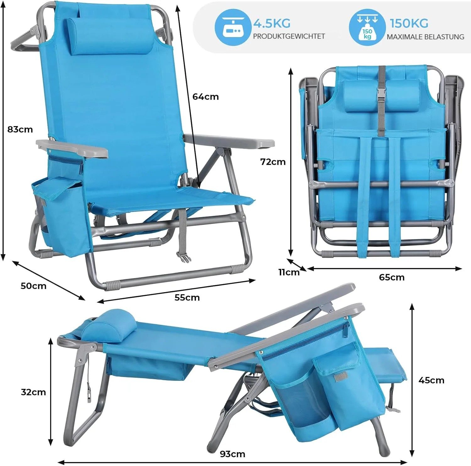 TLGREEN Campingstuhl 5-Fach verstellbare Strandstuhl, (Outdoor Faltstuhl mit Verstellbarer Hohe Rückenlehne, Eisbeute, 1 St), bis 150 kg belastbar