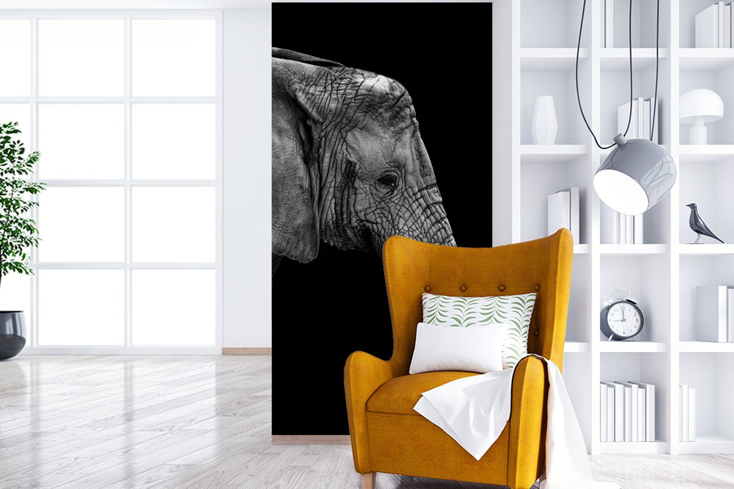 MuchoWow Fototapete Elefant - Schwarz Küche, Schlafzimmer - für Vliestapete Tiere, Porträt Fototapete und St), - Wohnzimmer weiß bedruckt, Matt, (2