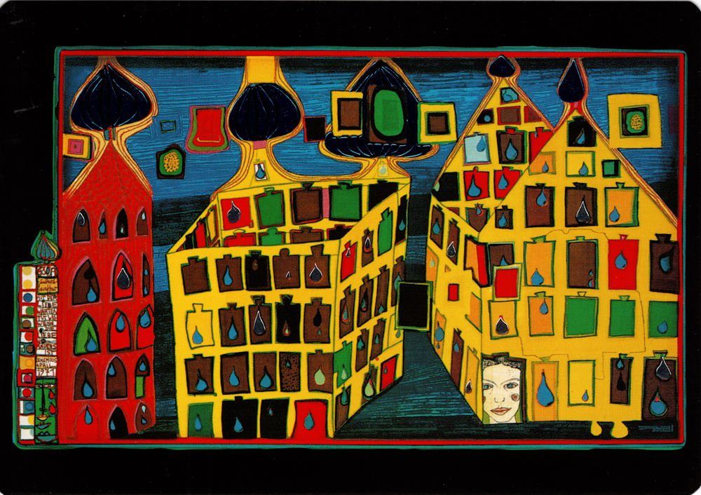 Postkarte Kunstkarte Hundertwasser "Mit der Liebe warten tut weh, wenn die ..."