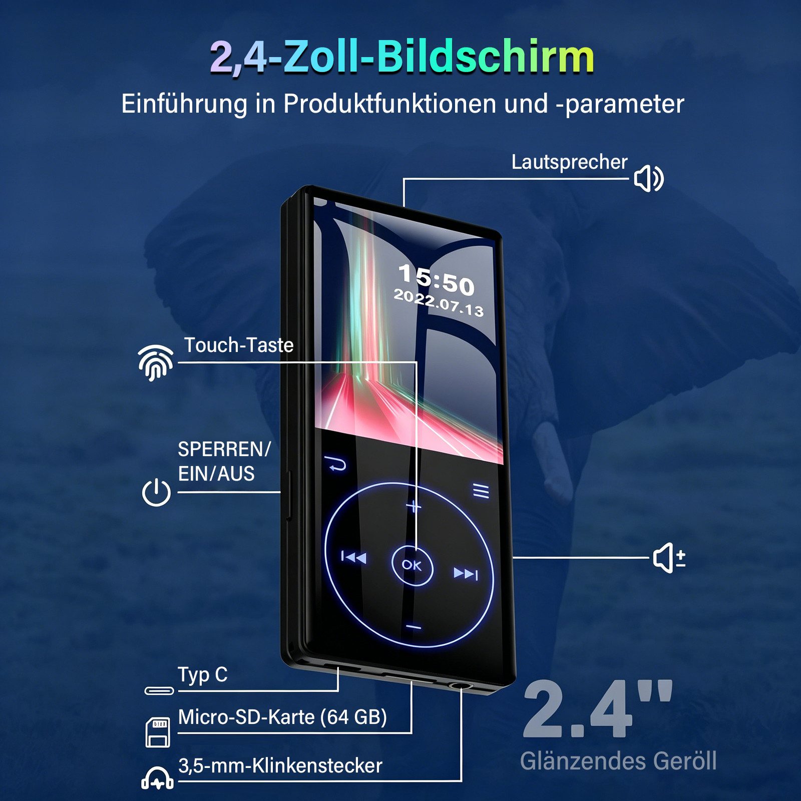 MOPUEA Tragbarer Musikplayer mit Touch-Tasten verlustfreiem HD-Lautsprecher MP3-Player