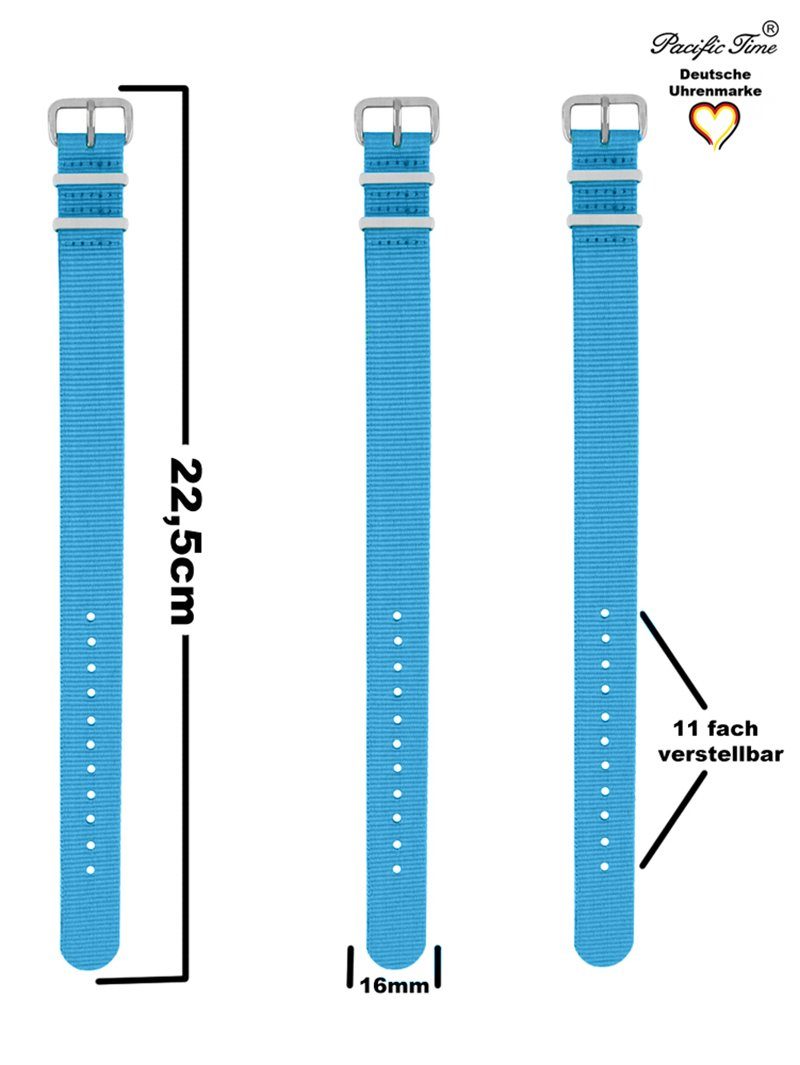 16mm, Versand Gratis Pacific Uhrenarmband Wechselarmband Textil hellblau Time Nylon