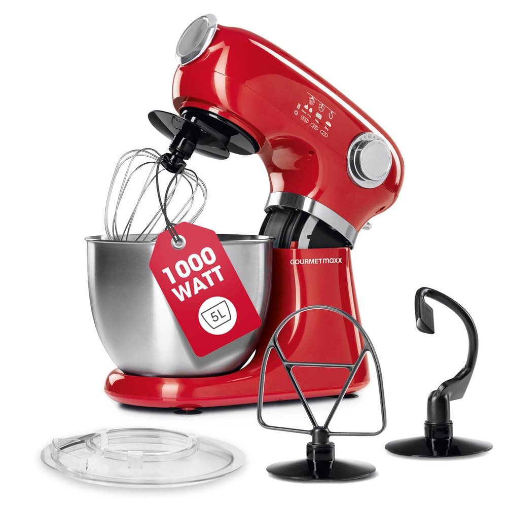 GOURMETmaxx Küchenmaschine GOURMETmaxx Küchenmaschine inkl. Schneebesen, Rühreinsatz & Knethaken - Rot, 1000 W, Küchenmaschine Inkl. Schneebesen, Rühreinsatz & Knethaken 1000 Watt